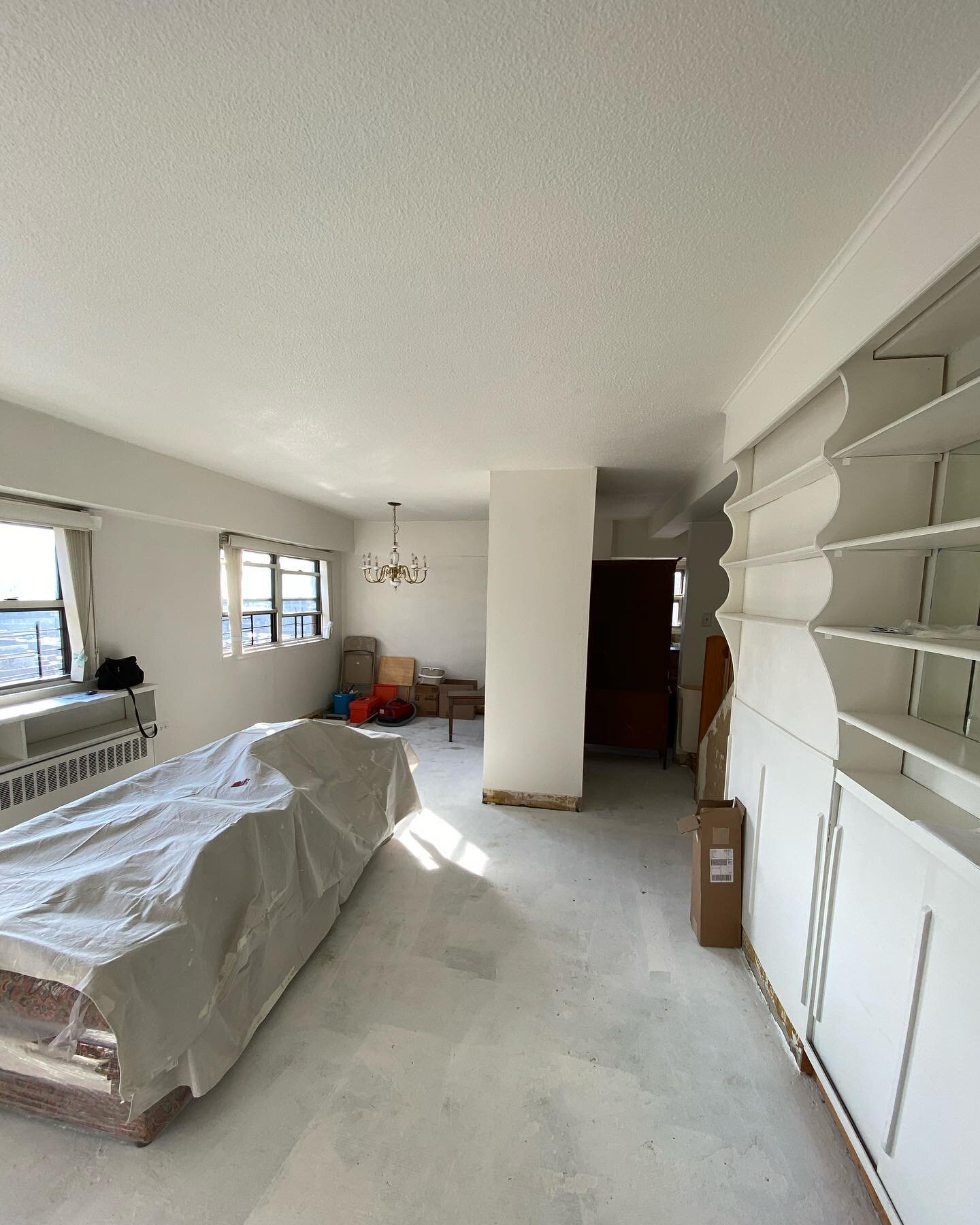 Popcorn ceiling skim coated, engineered flooring installed
