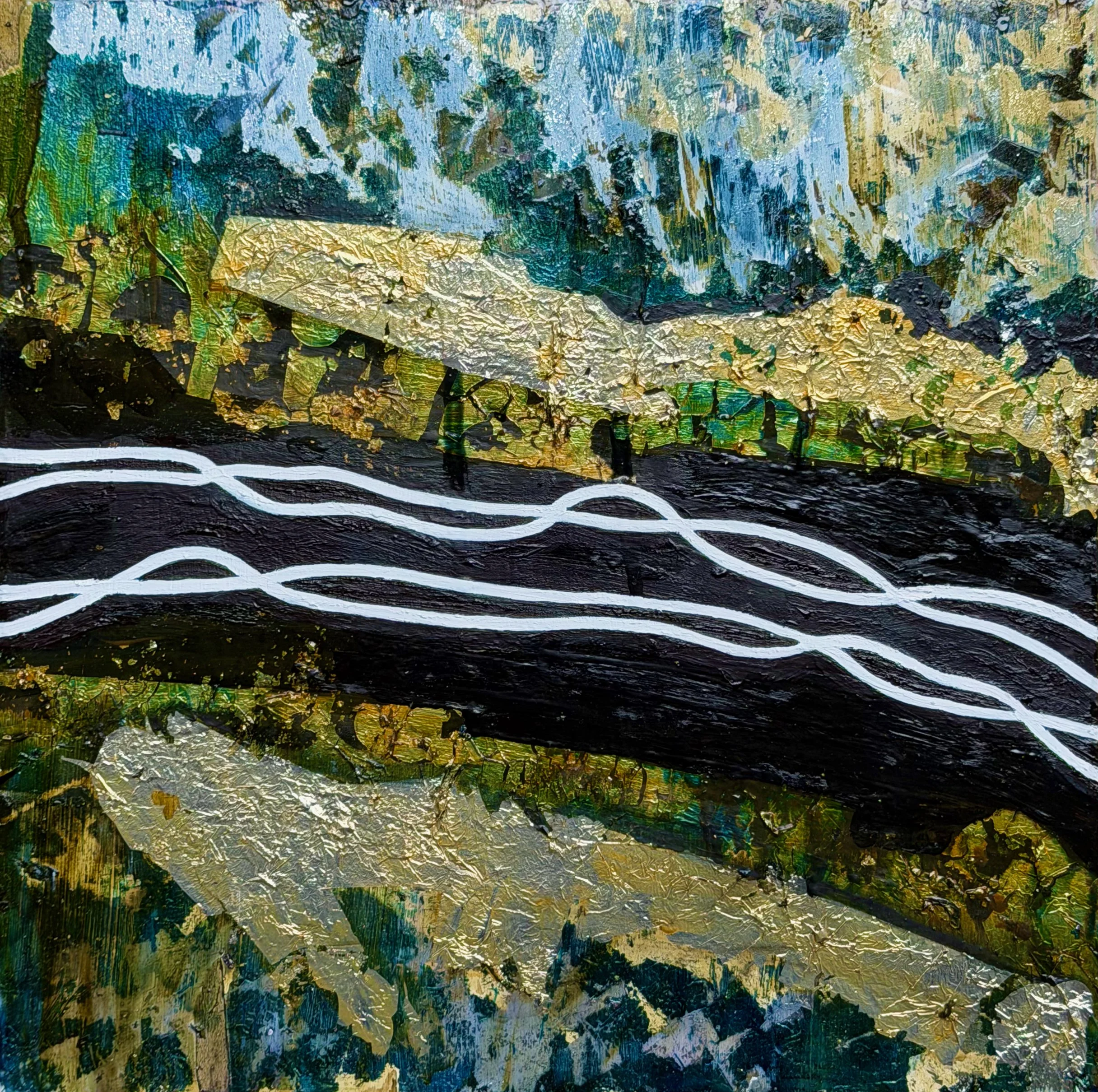 "Spoliolum #3" 
Oil, silver metal leaf, oil pastel on wood 
12" x 12", 2025 
$250