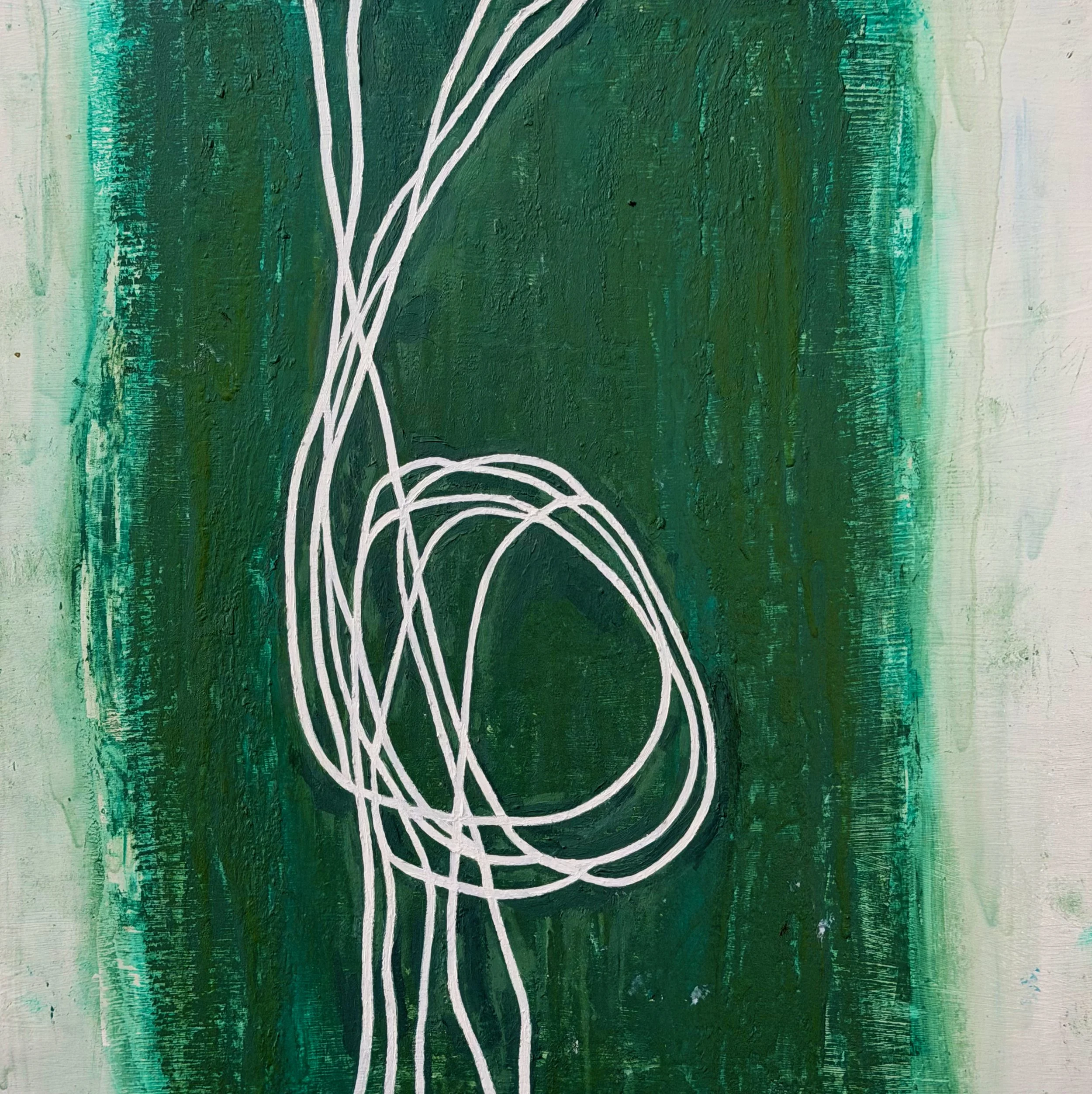 "Knotted #2" Oil, silver metal leaf, oil pastel on wood 18" x 18", 2025 $500