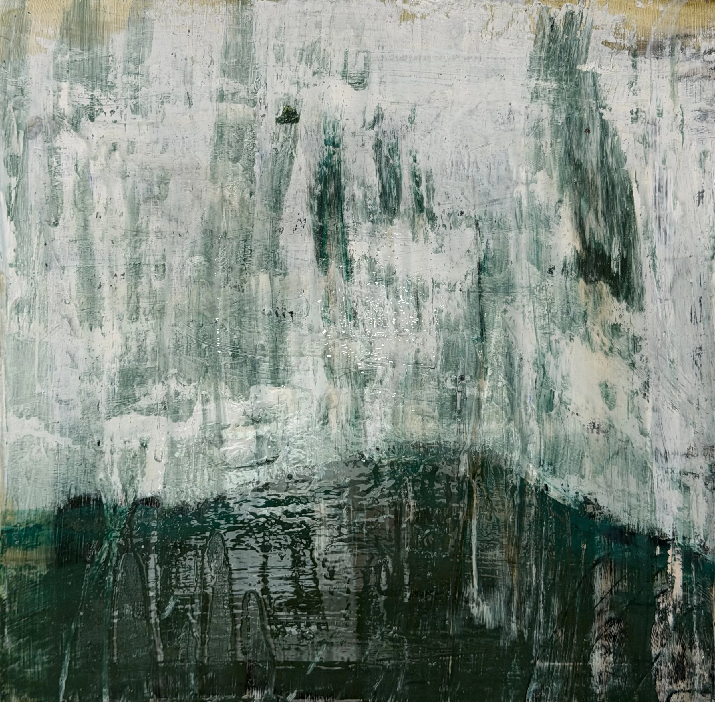 Abstract painting with layered brushstrokes in shades of green, white, black, and beige.