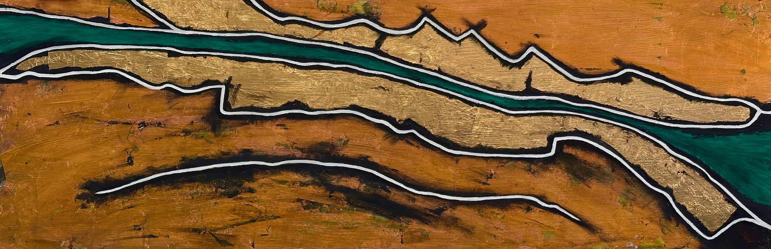 "Existo, ergo sum #2" Oil, gold metal leaf, oil pastel on wood 12" x 36", 2025 $700
