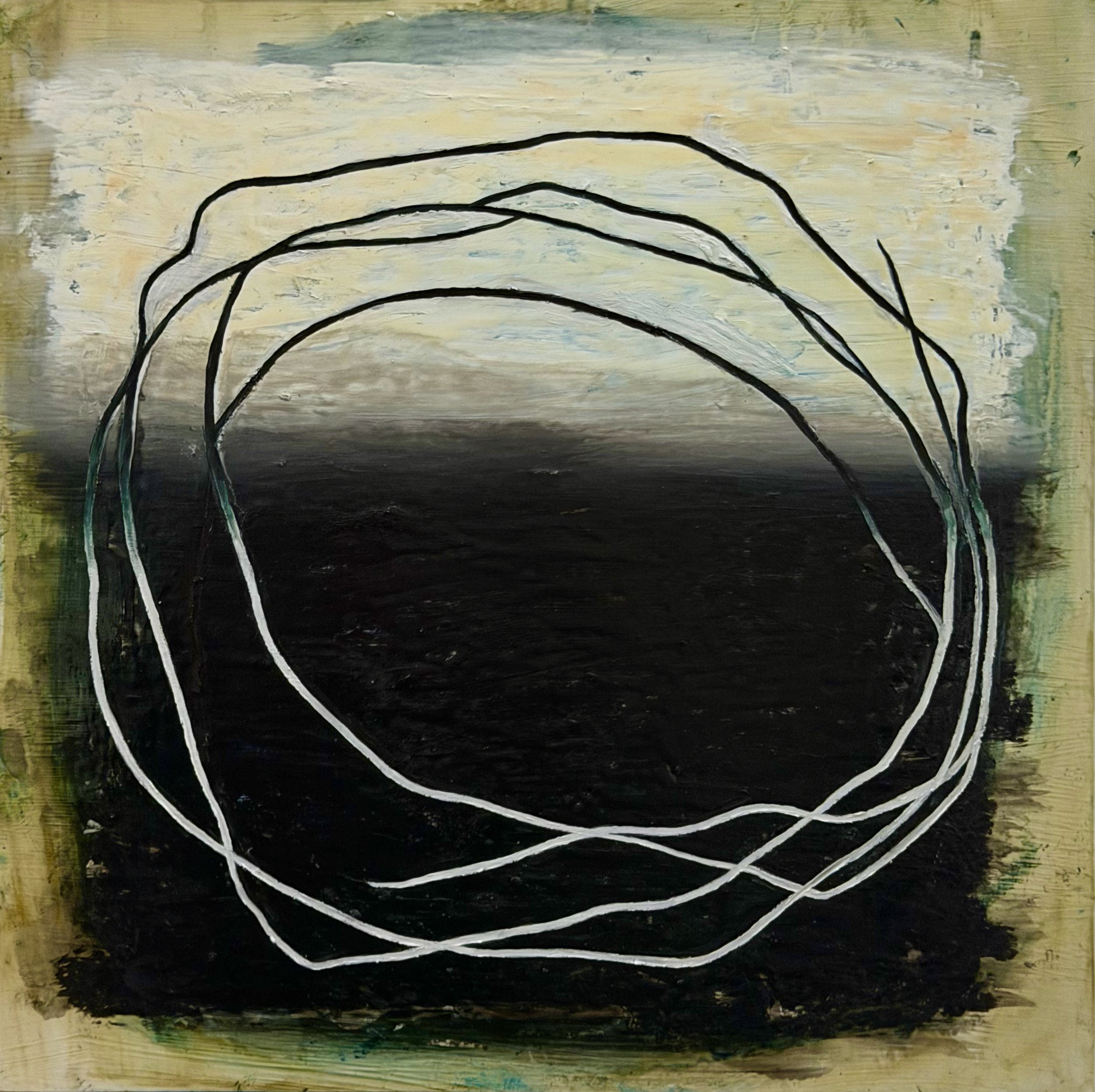 Abstract painting with black and white curved lines on a textured background in shades of yellow, green, black, and gray.