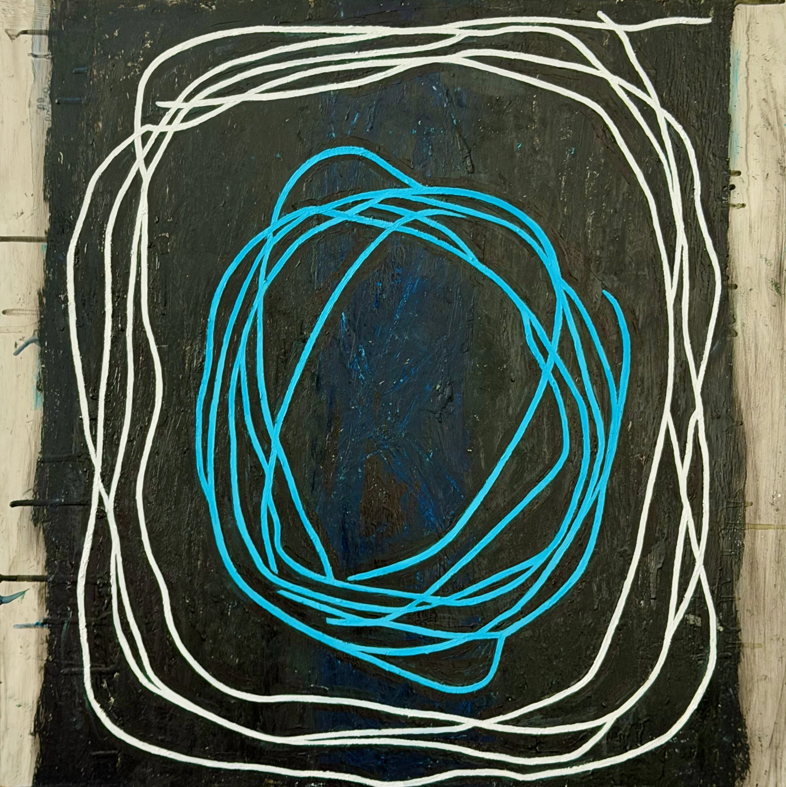 "Contained within remnants" Oil, silver metal leaf, oil pastel on wood 24" x 24", 2025 $800