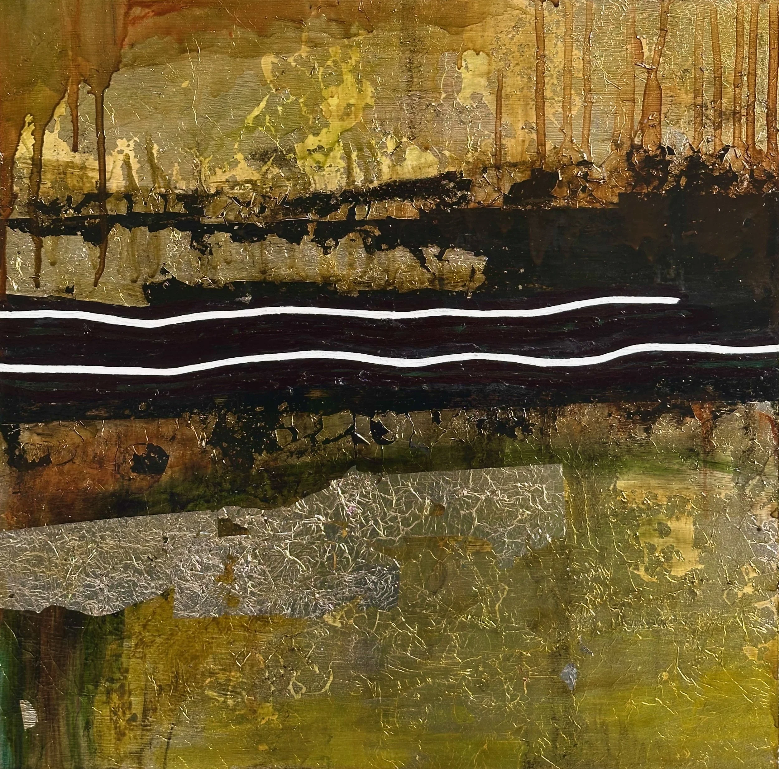 "Incomplete #2" Oil, silver metal leaf, oil pastel on wood 18" x 18", 2025 $500