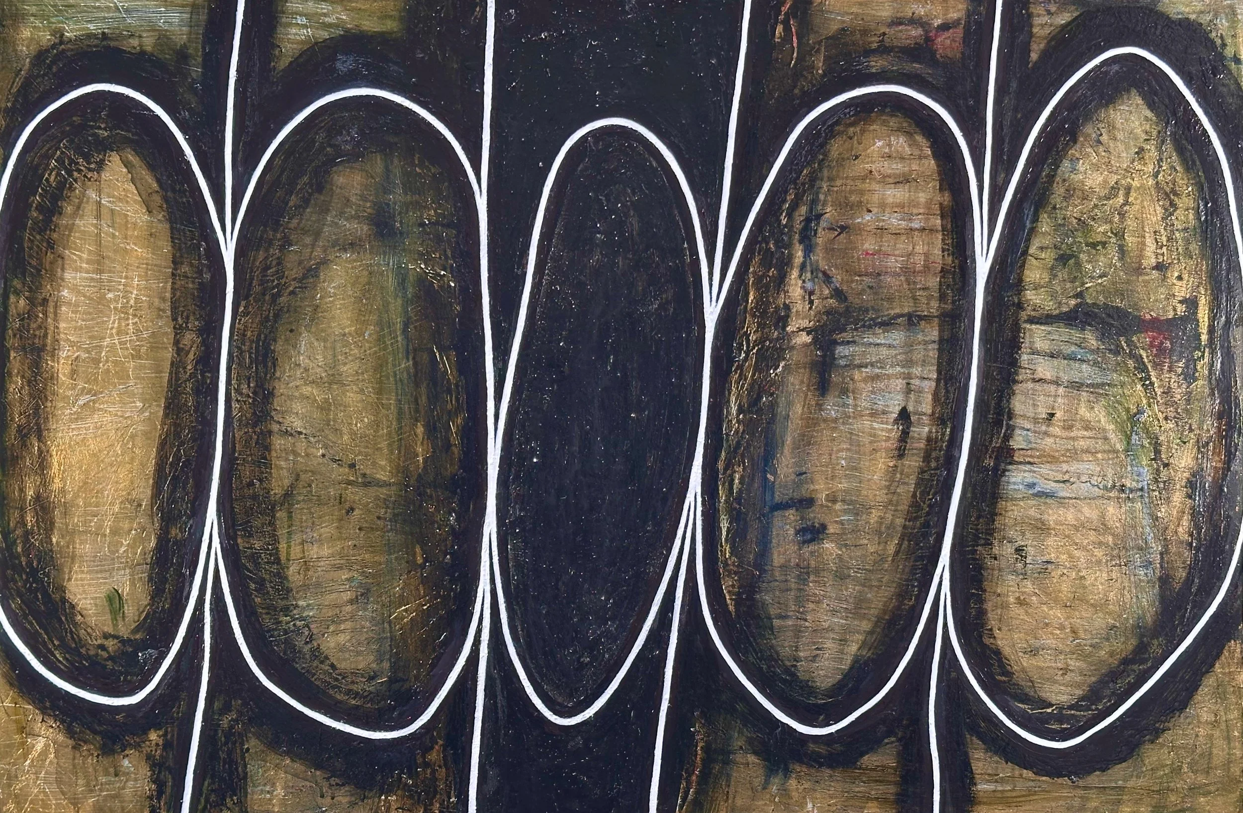 "Contained" Oil, gold metal leaf, oil pastel on claybord 24" x 36", 2025 $1000