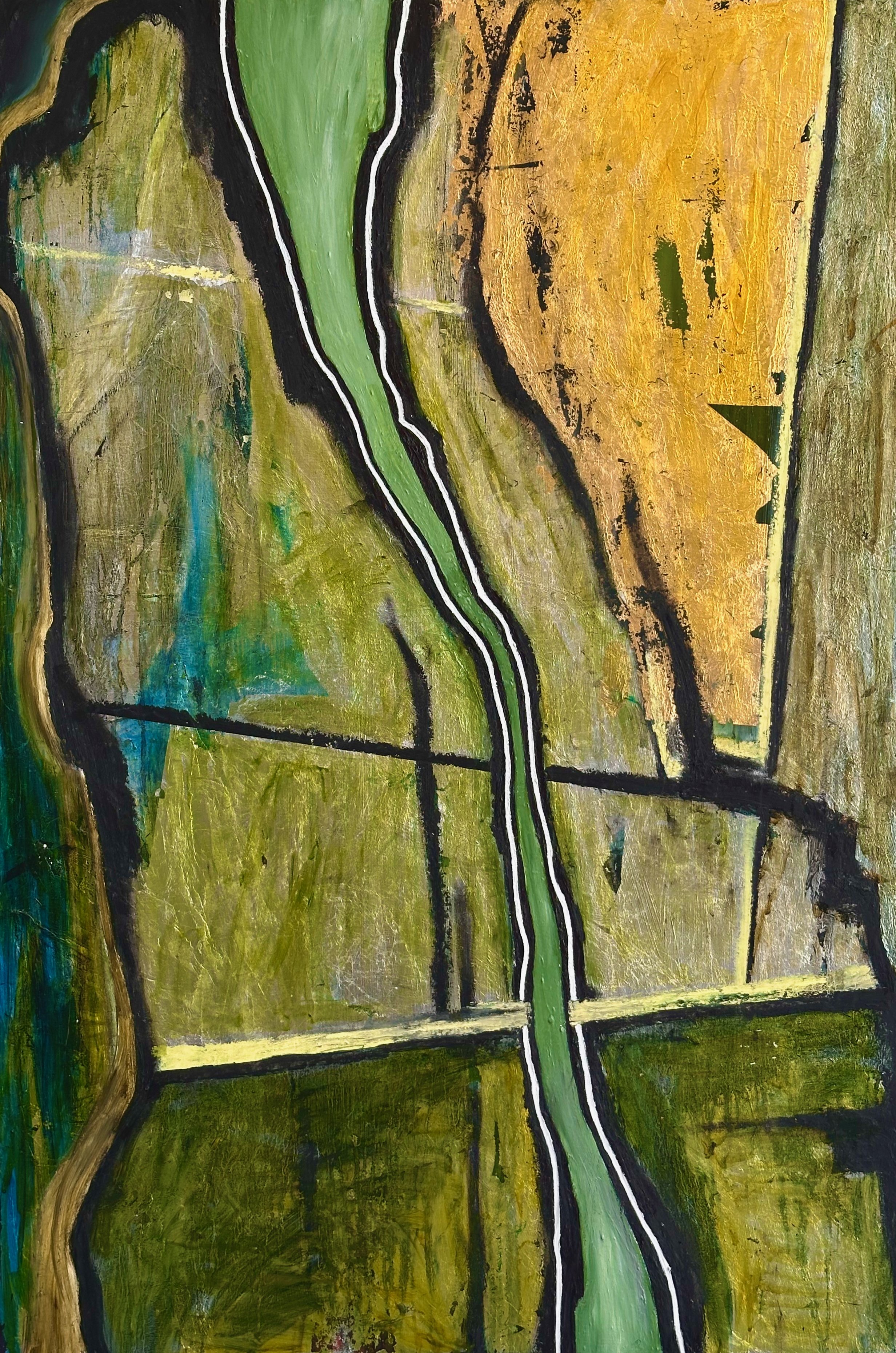 "Limits and boundaries" Oil, gold/silver metal leaf, oil pastel on wood 36" x 24", 2025 $1000
