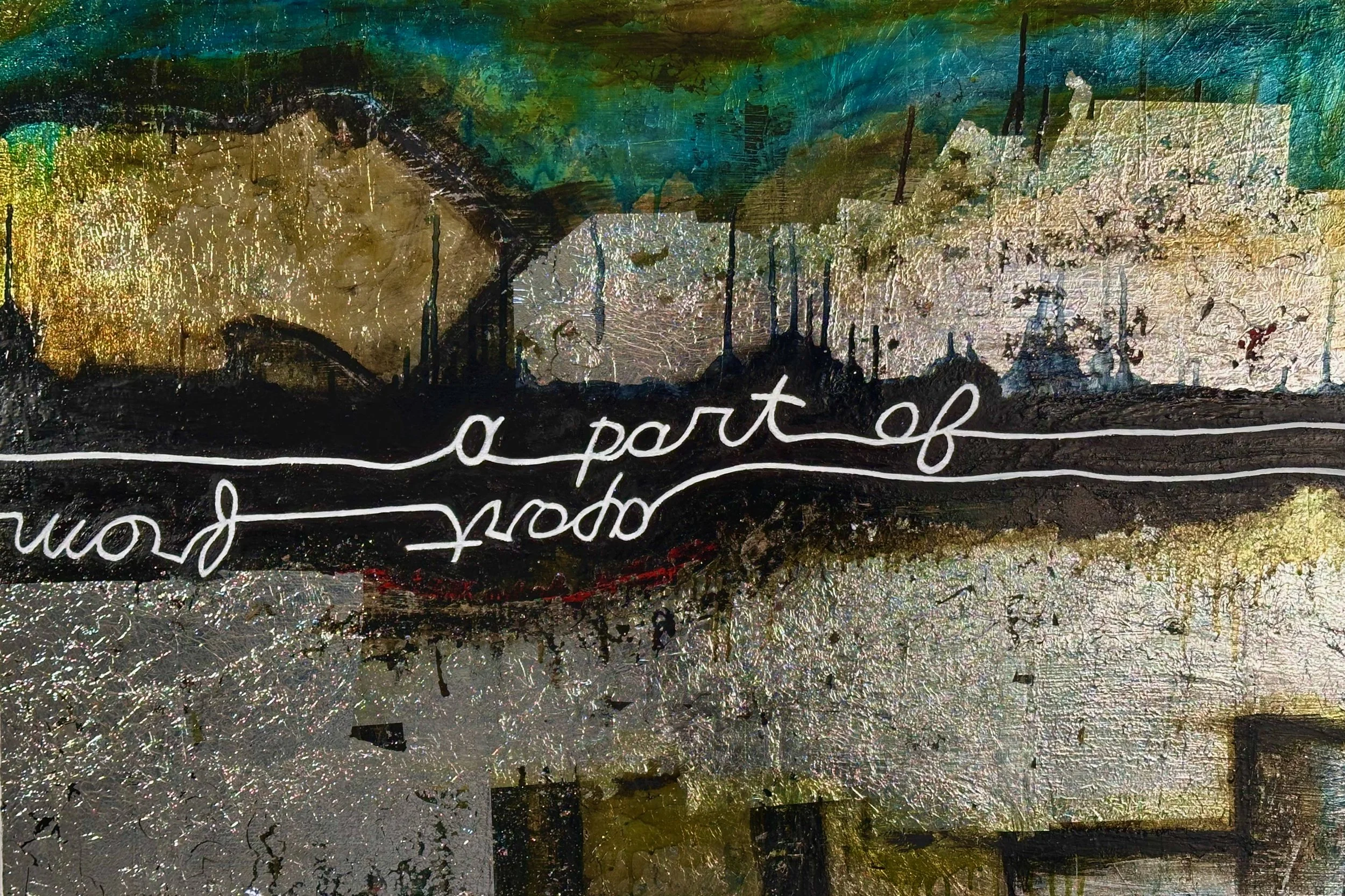 "A part of, apart from" Oil, silver metal leaf, oil pastel on wood 24" x 36", 2025 $1000