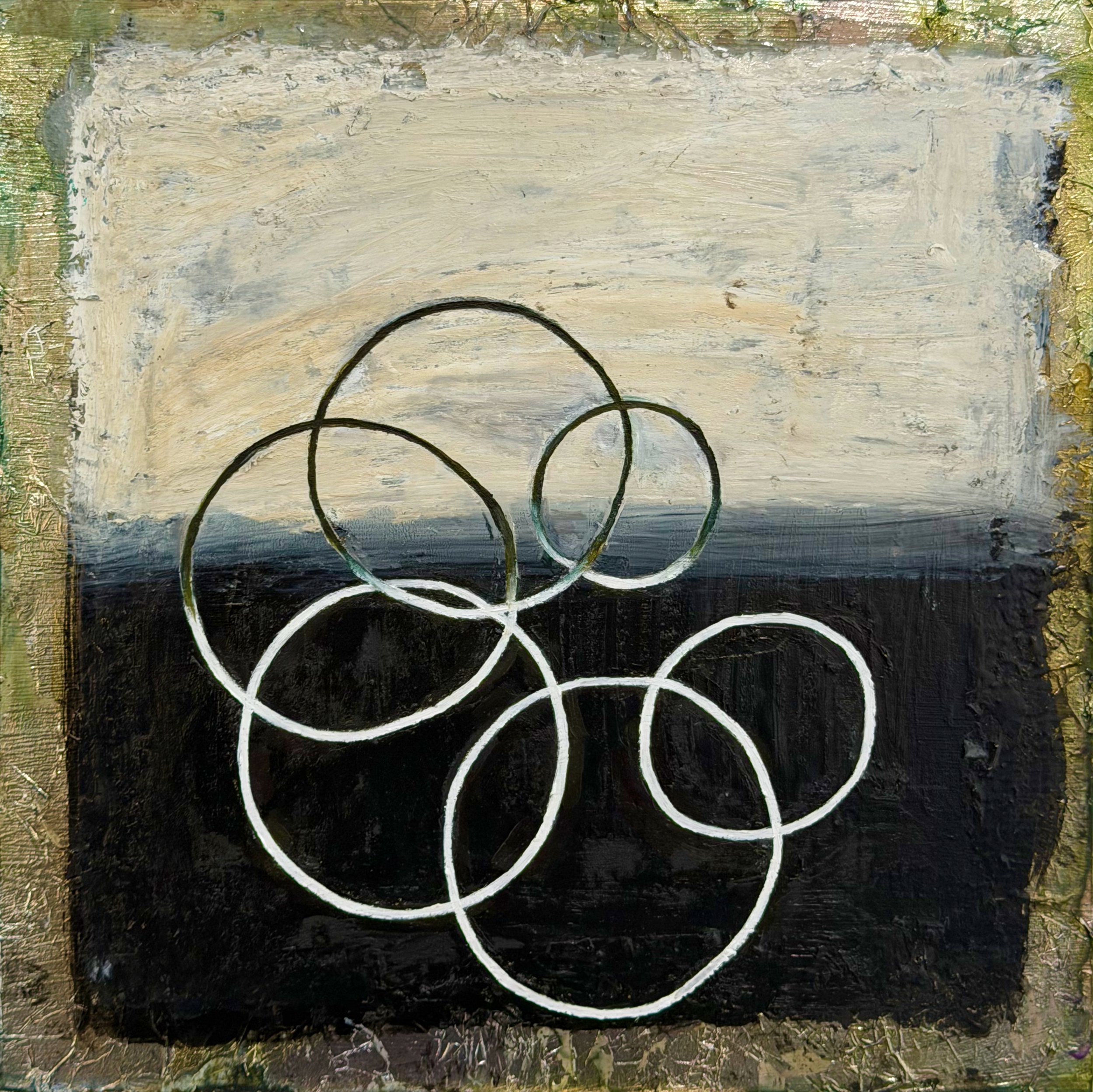 "Fragmented" Oil, oil pastel, silver metal leaf on wood 12" x 12", 2026 $250