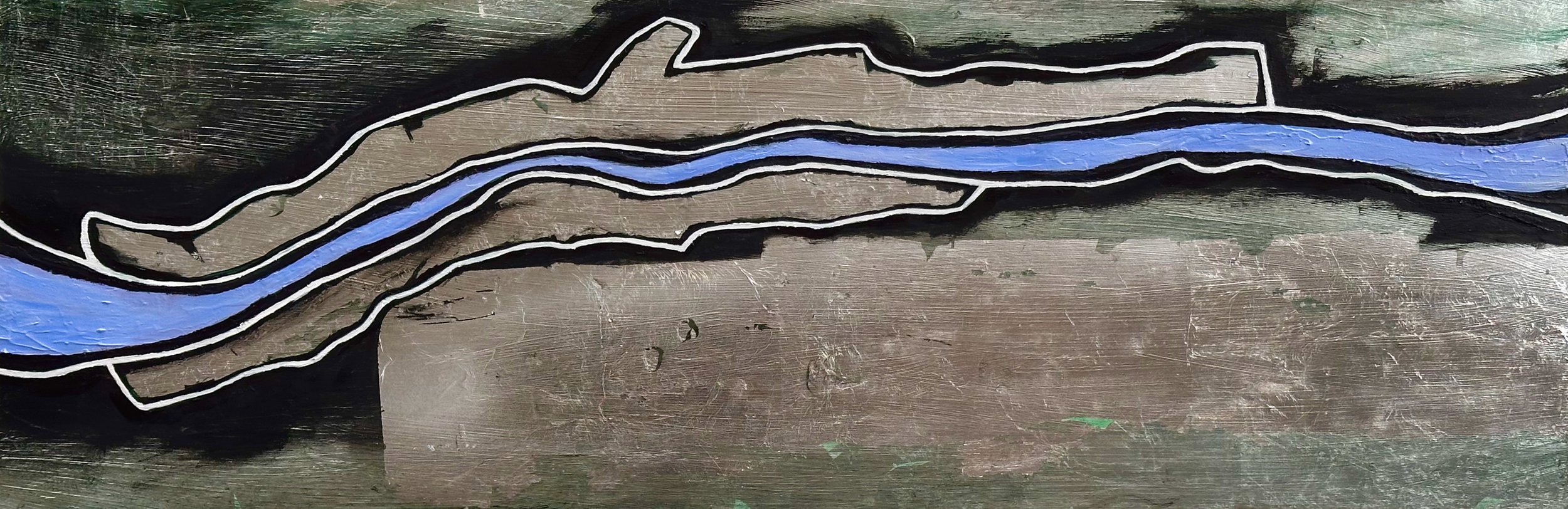 "Existo, ergo sum" Oil, silver metal leaf, oil pastel on wood 12" x 36", 2025 $700