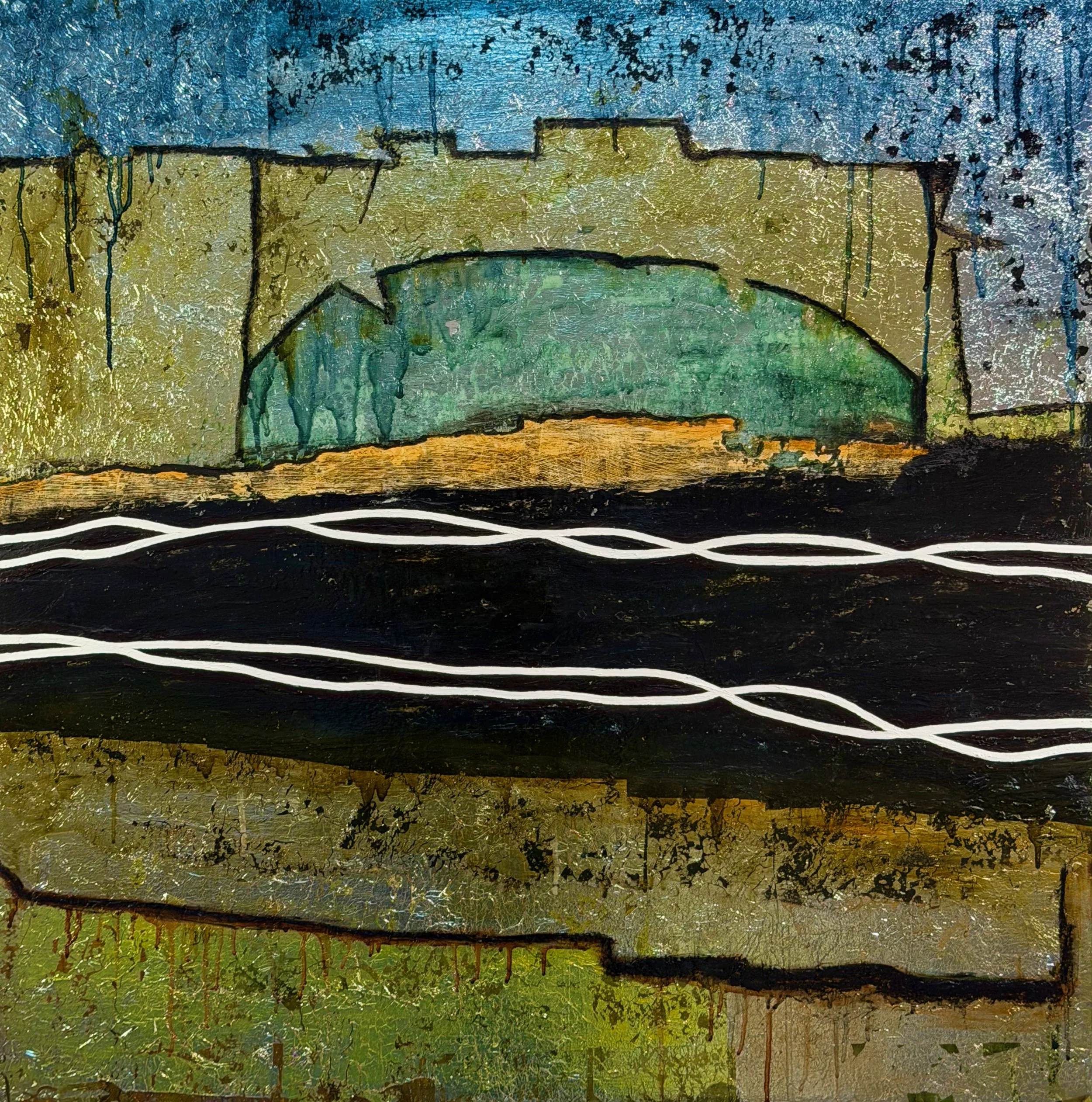 "Braided cords" 
Oil, silver metal leaf, oil pastel on wood 
36" x 36", 2025 
$1250