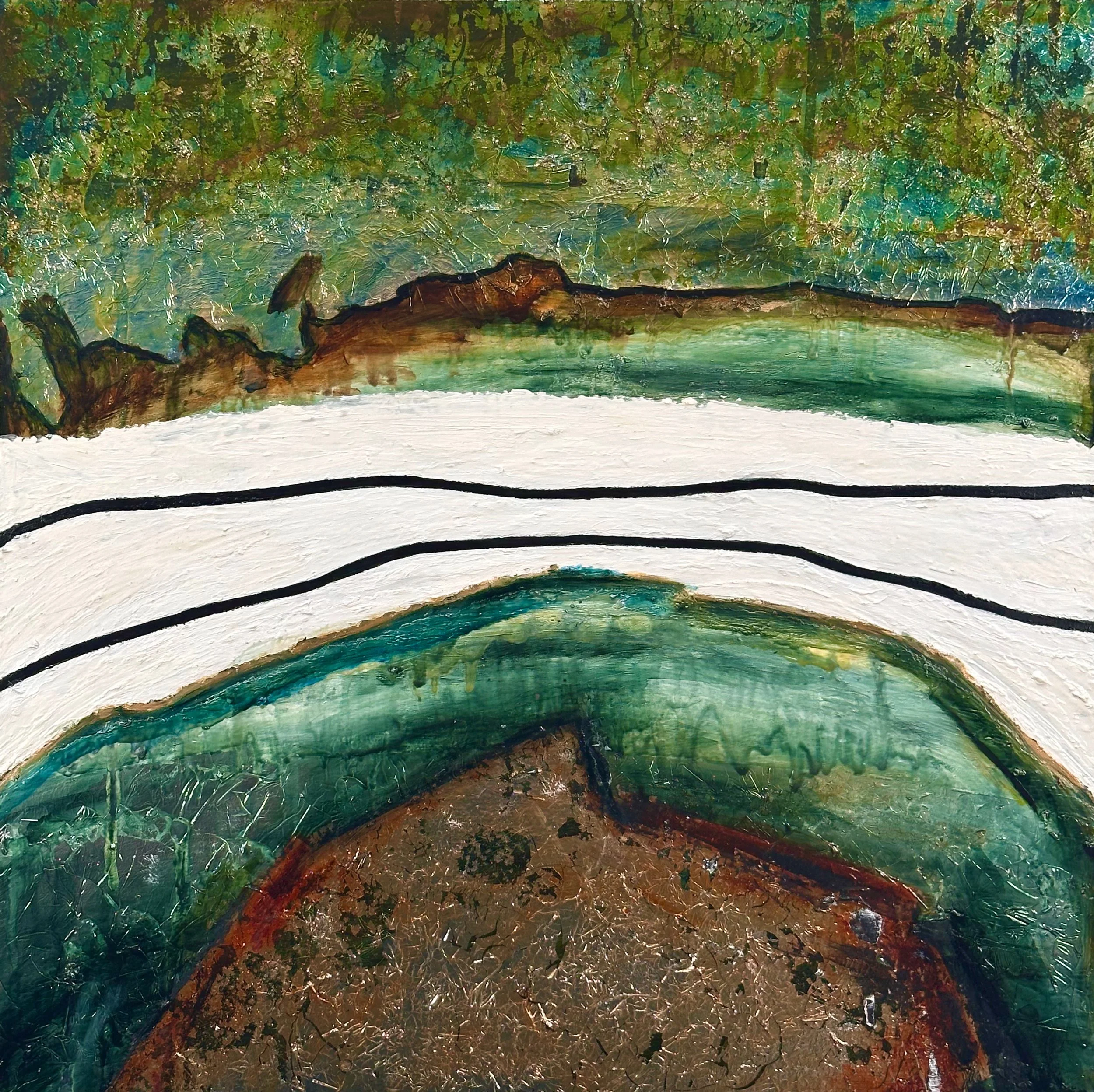 "Sequence" Oil, silver metal leaf, oil pastel on wood 18" x 18", 2025 $500