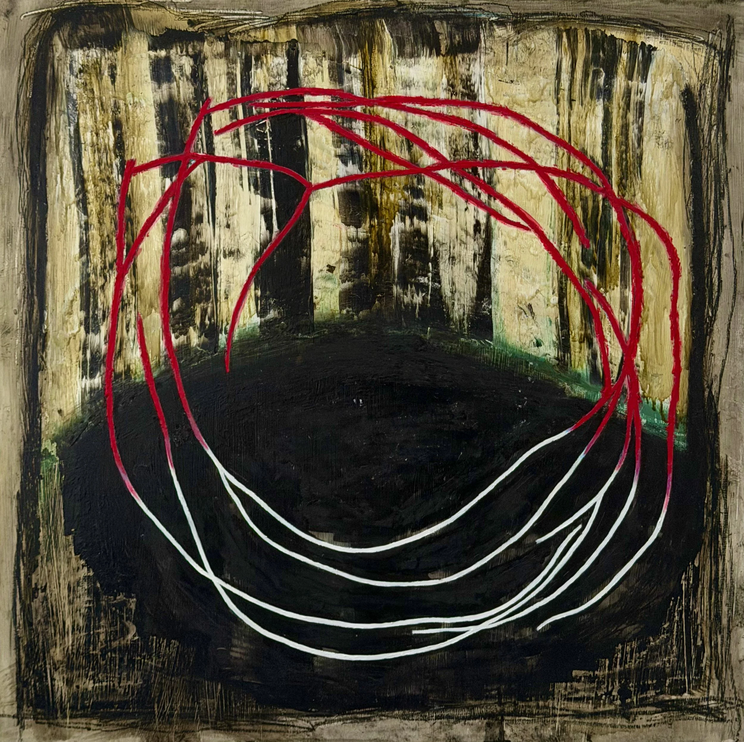 "What remains after erasure" Oil, oil pastel on wood 24" x 24", 2026 $800