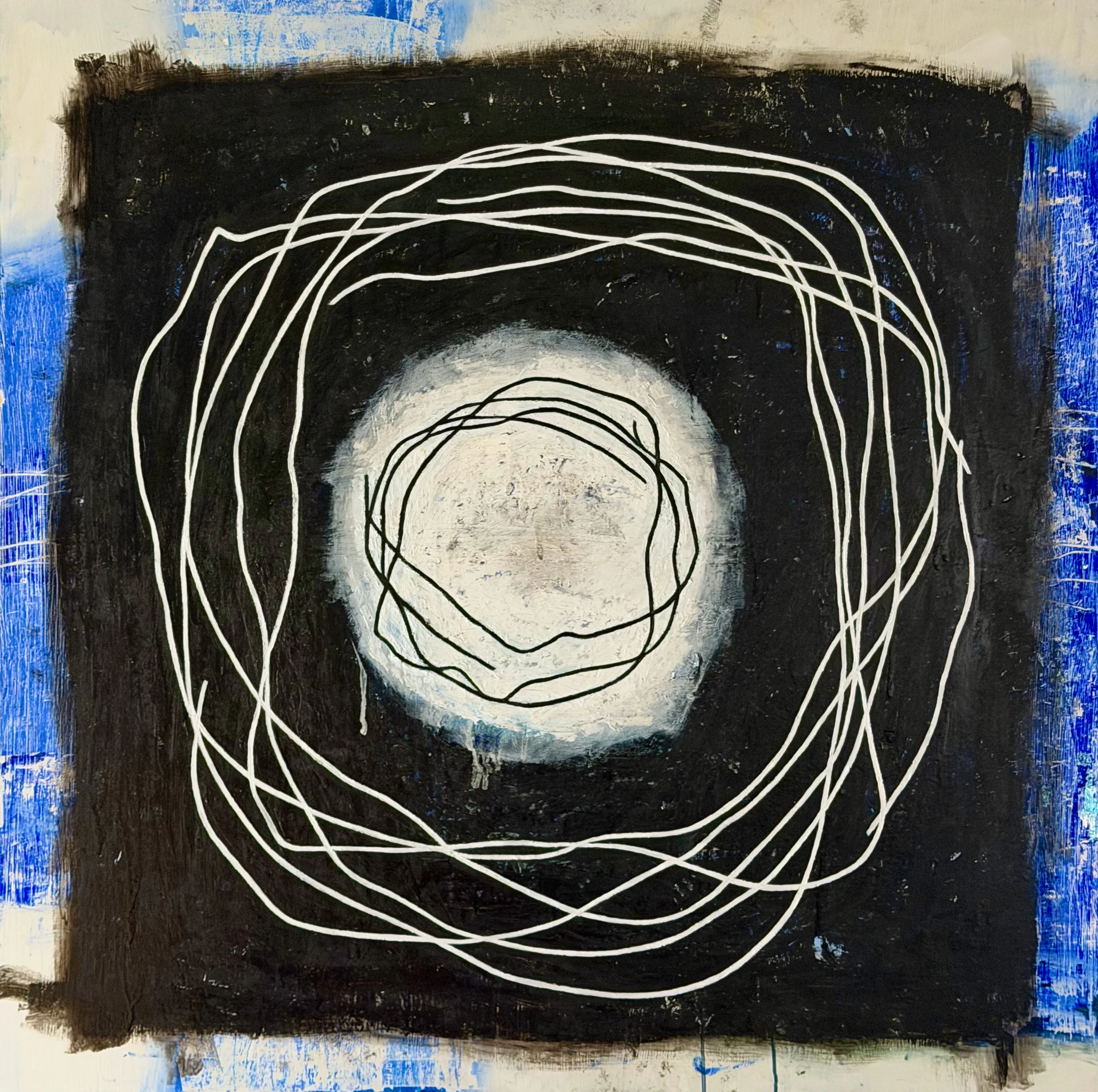 "Contained within remnants #2" Oil, silver metal leaf, oil pastel on wood 36" x 36", 2025 $1250