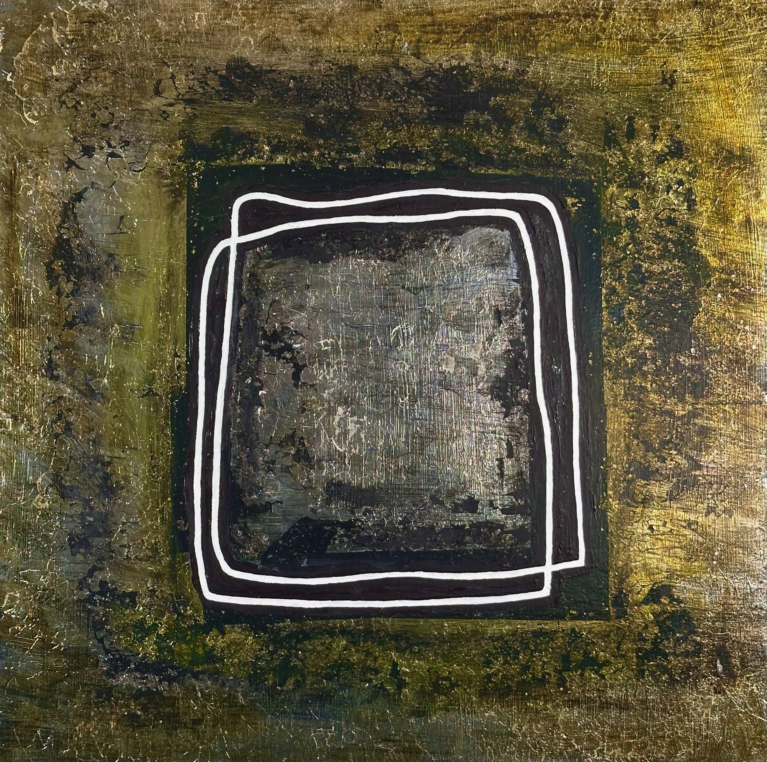 "Squared" Oil, silver metal leaf, oil pastel on wood 18" x 18", 2025 $500