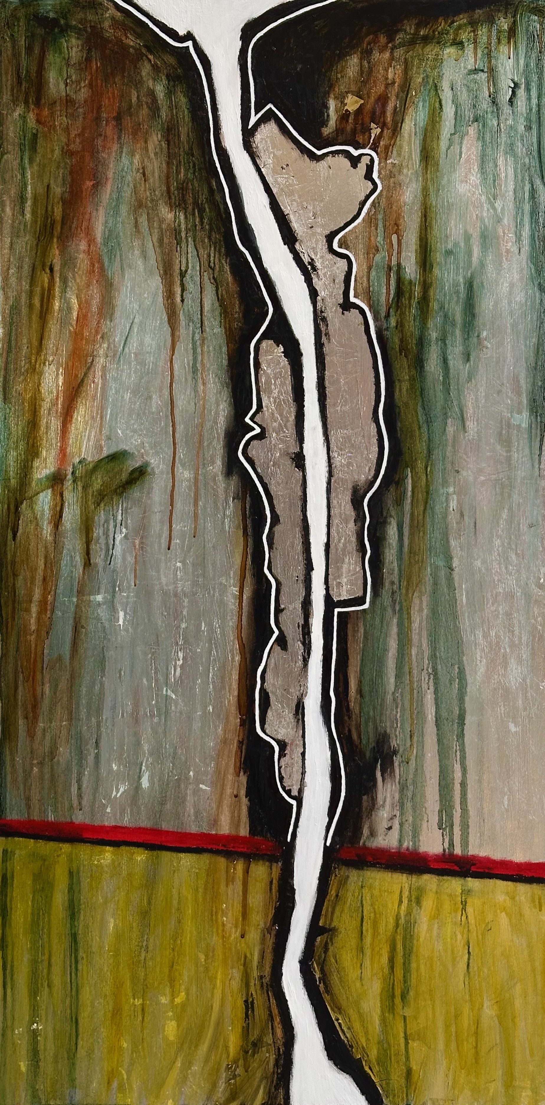 "Boundaries #2" Oil, silver metal leaf, oil pastel on wood 48" x 24", 2025 $1200