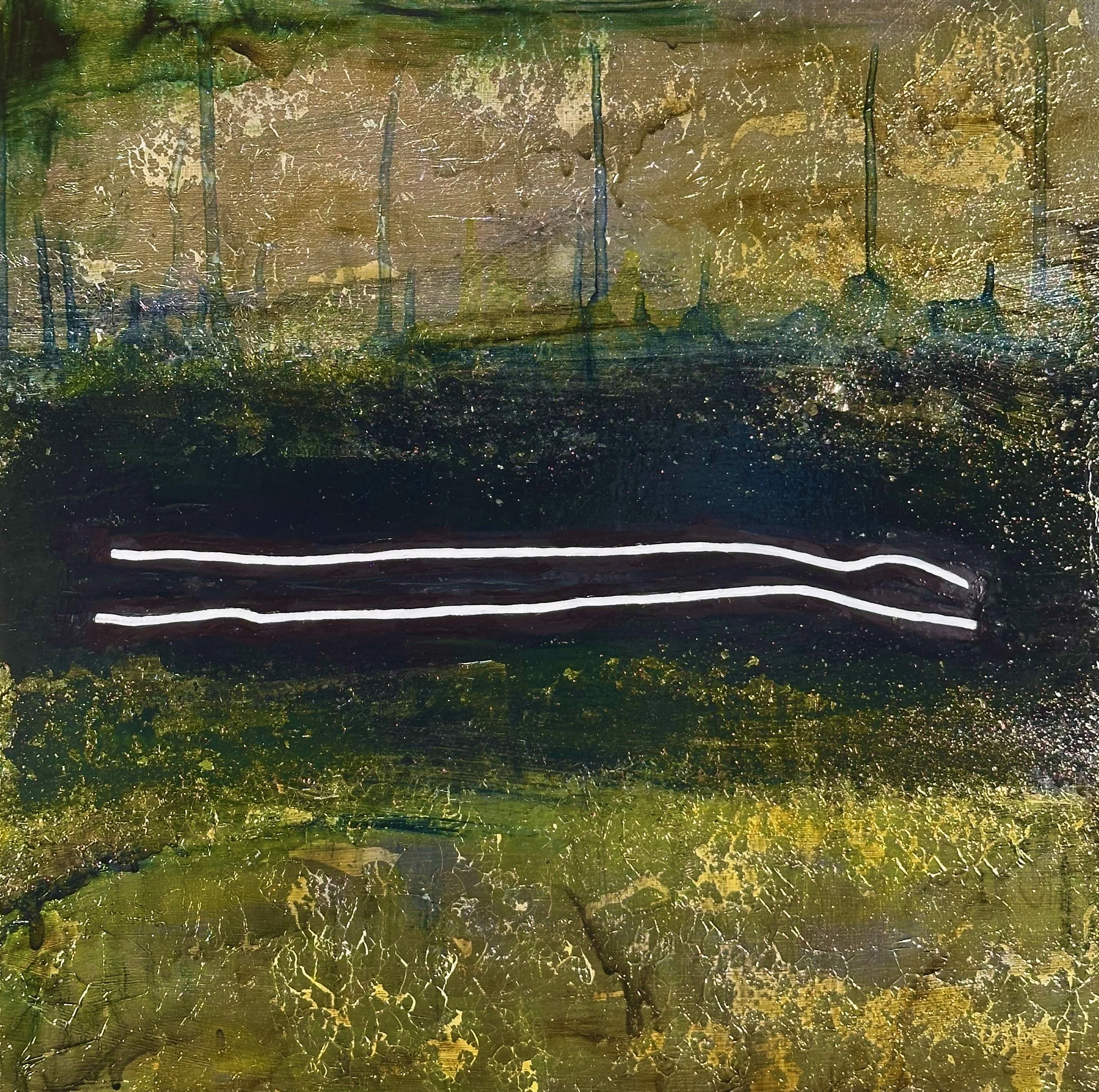 "Separate" Oil, silver metal leaf, oil pastel on wood 18" x 18", 2025 $500