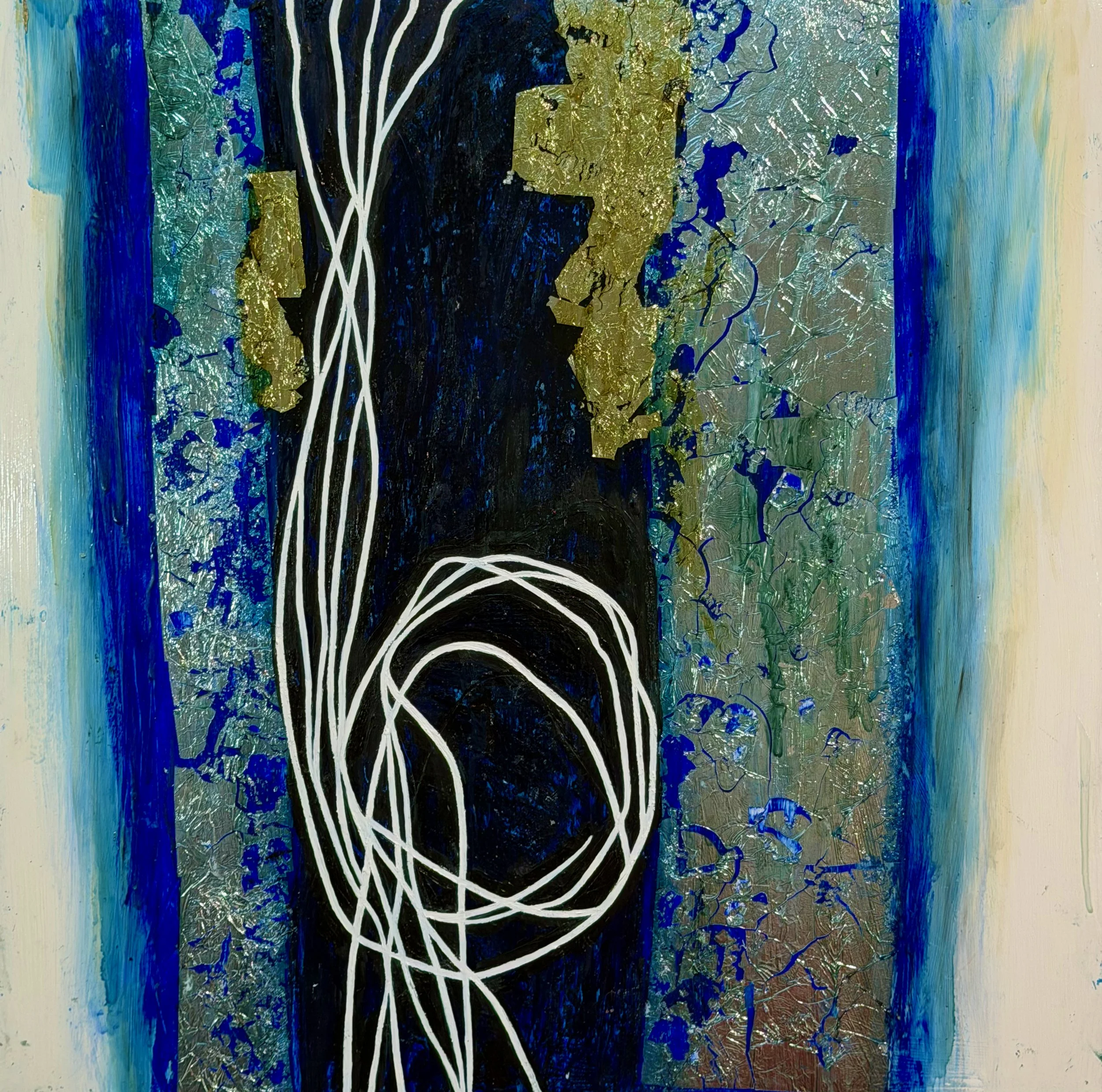 "Knotted #3" Oil, silver metal leaf, oil pastel on wood 24" x 24", 2025 $800