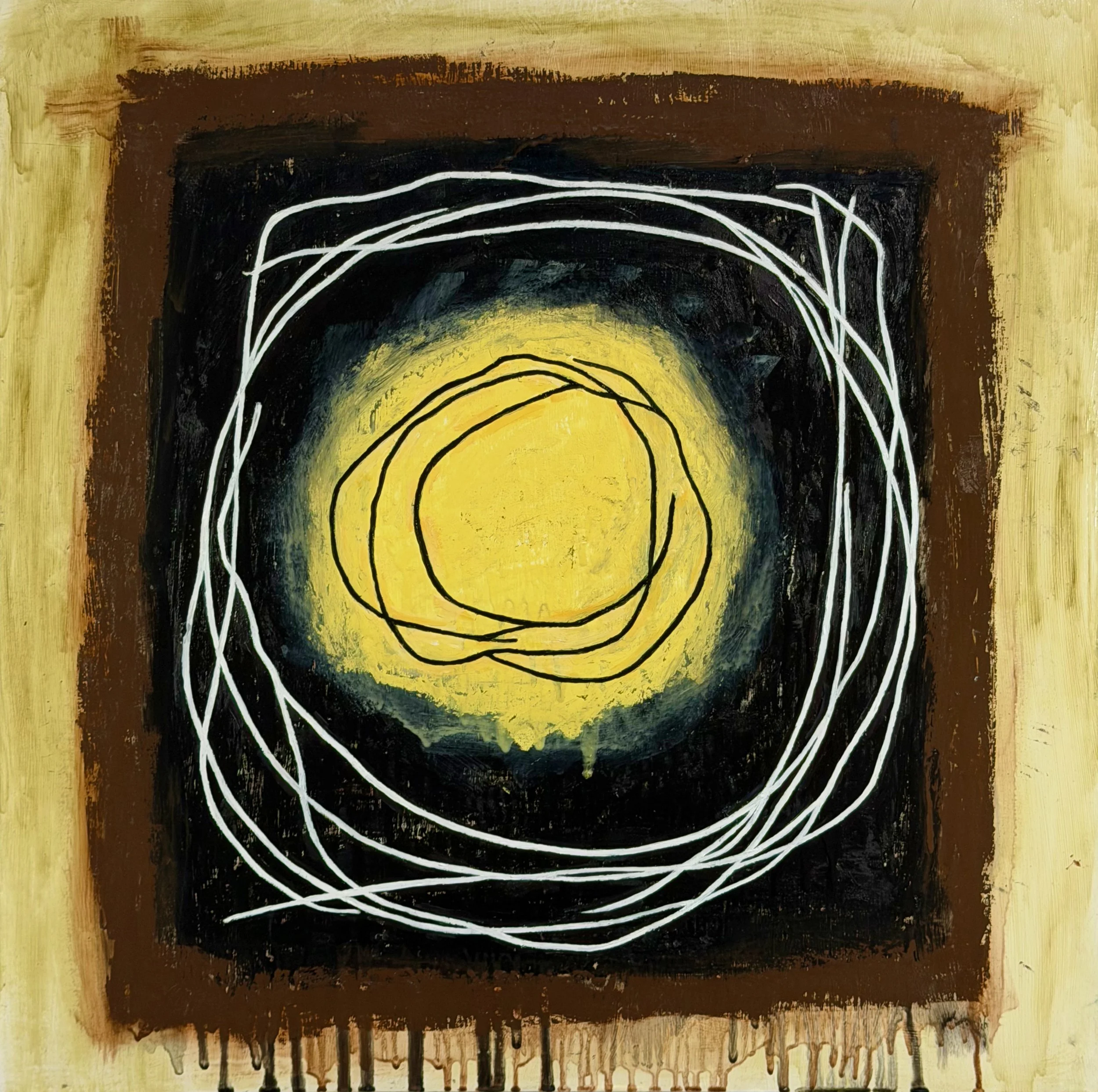 "Contained within remnants #3" Oil, oil pastel on wood 24" x 24", 2025 $800
