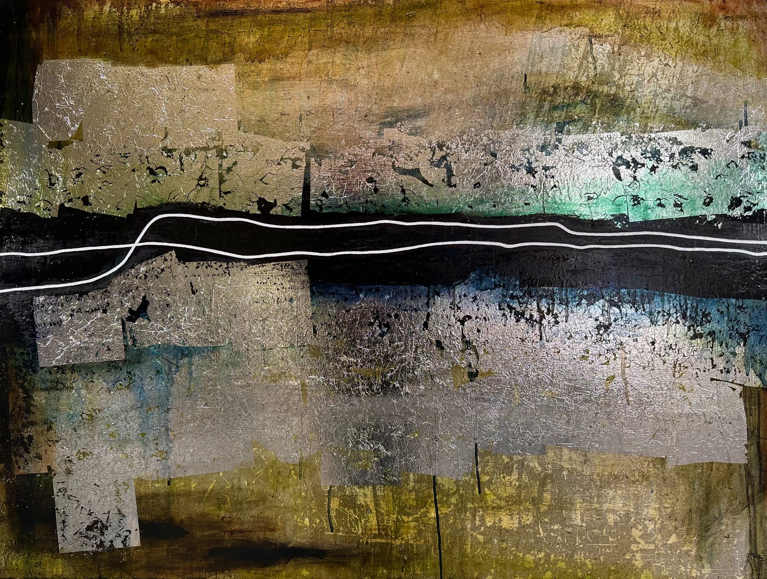 "Crossed delineation #3" Oil, silver metal leaf, oil pastel on wood 36" x 48", 2025 $1500