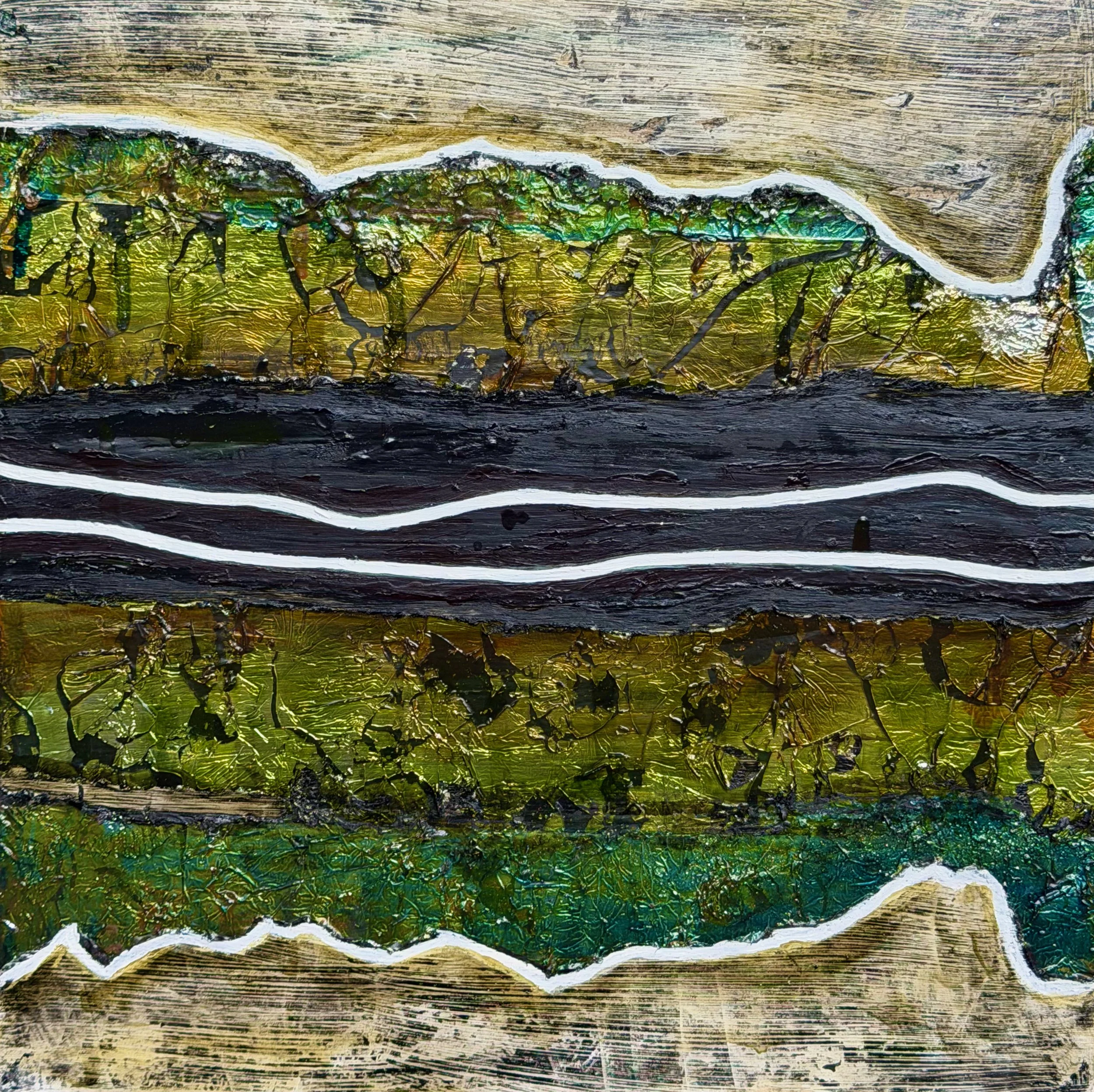 "Spoliolum #2" 
Oil, silver metal leaf, oil pastel on wood 
12" x 12", 2025 
$250