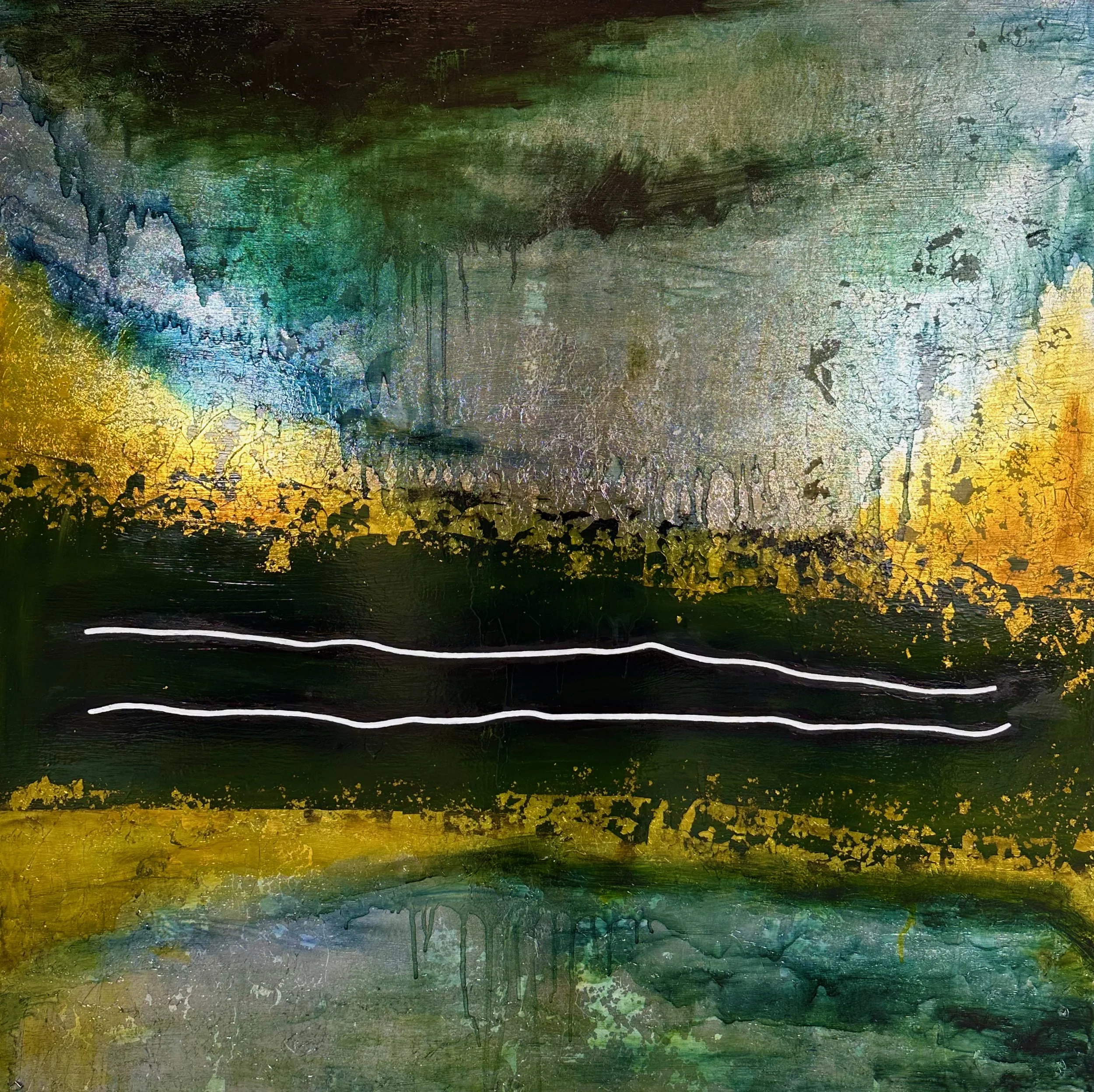 "Separate #2" Oil, silver metal leaf, oil pastel on wood 36" x 36", 2025 $1250