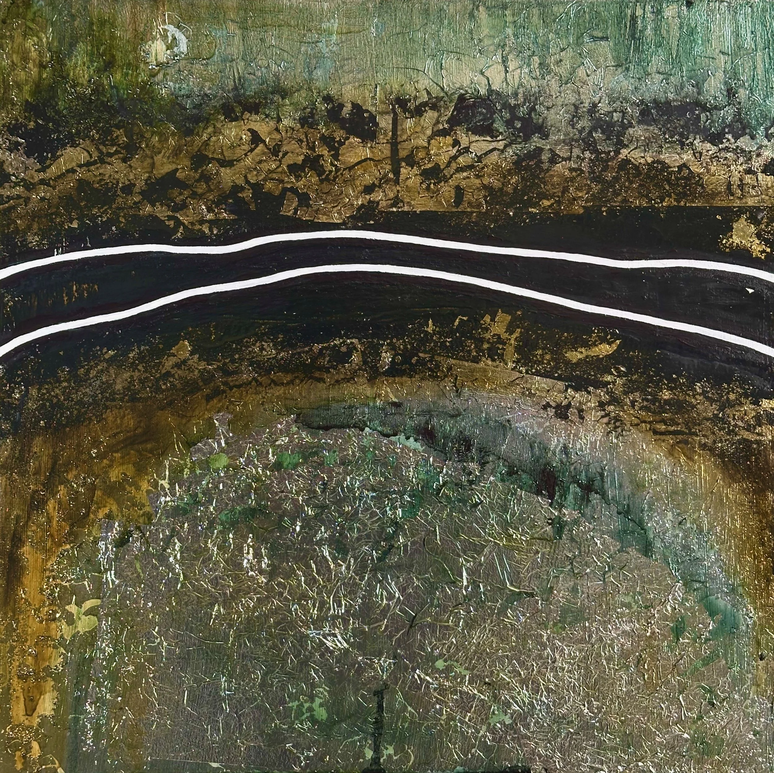 "Separation #5" Oil, silver metal leaf, oil pastel on wood 18" x 18", 2025 $500