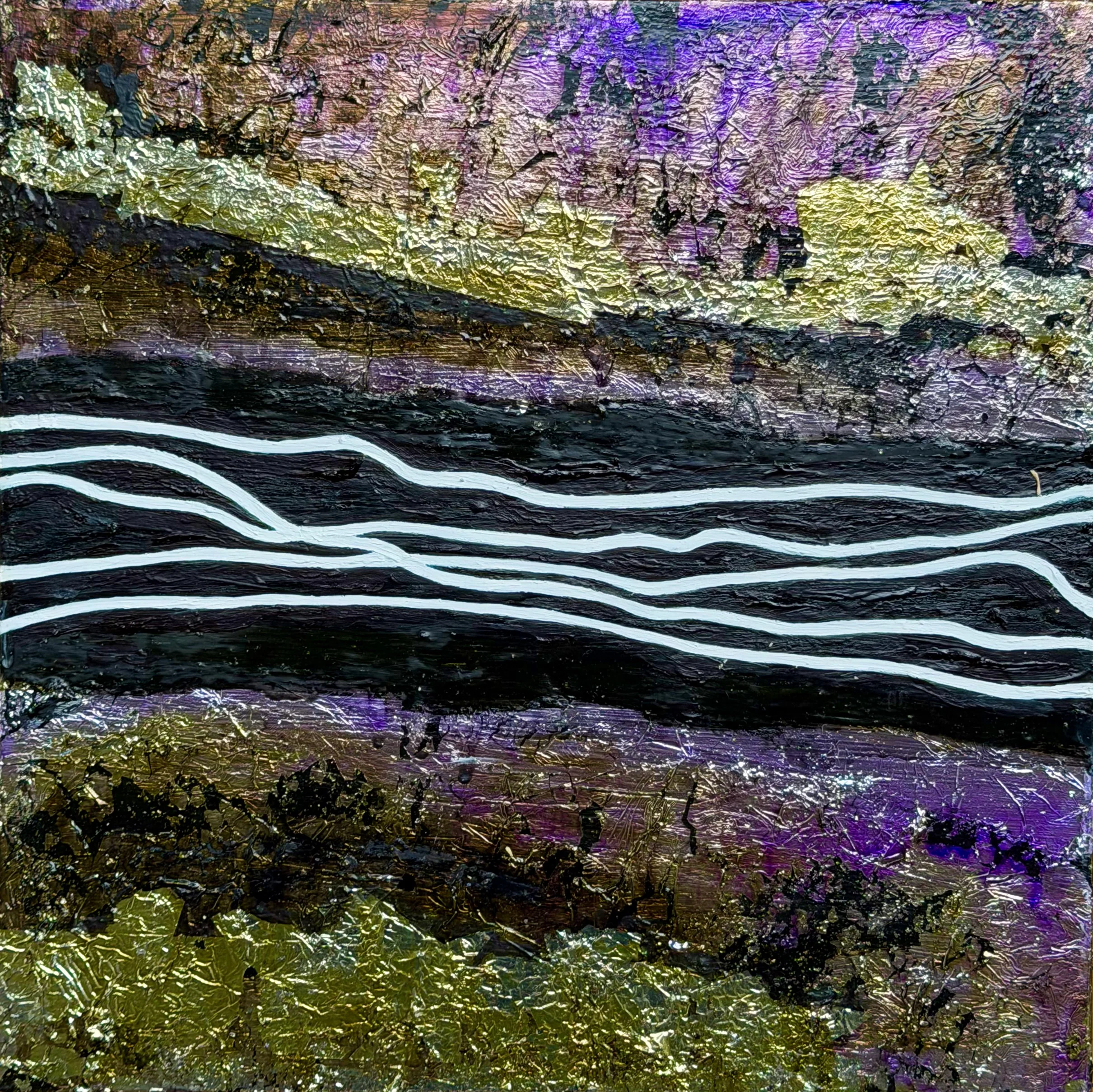 "Spoliolum #4" 
Oil, silver metal leaf, oil pastel on wood 
12" x 12", 2025 
$250