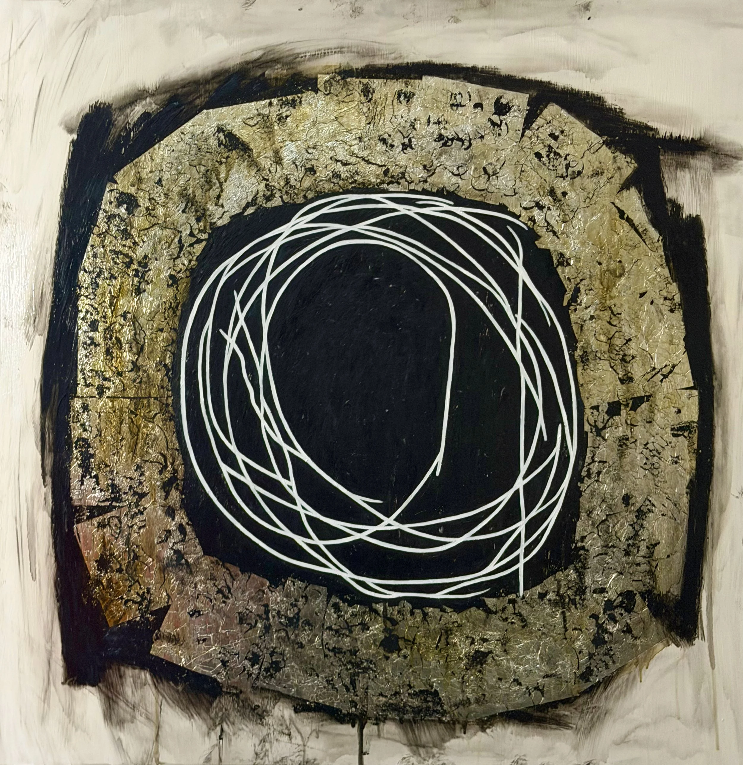 "Connected, but not contained" Oil, silver metal leaf, oil pastel on wood 36" x 36", 2025 $1250