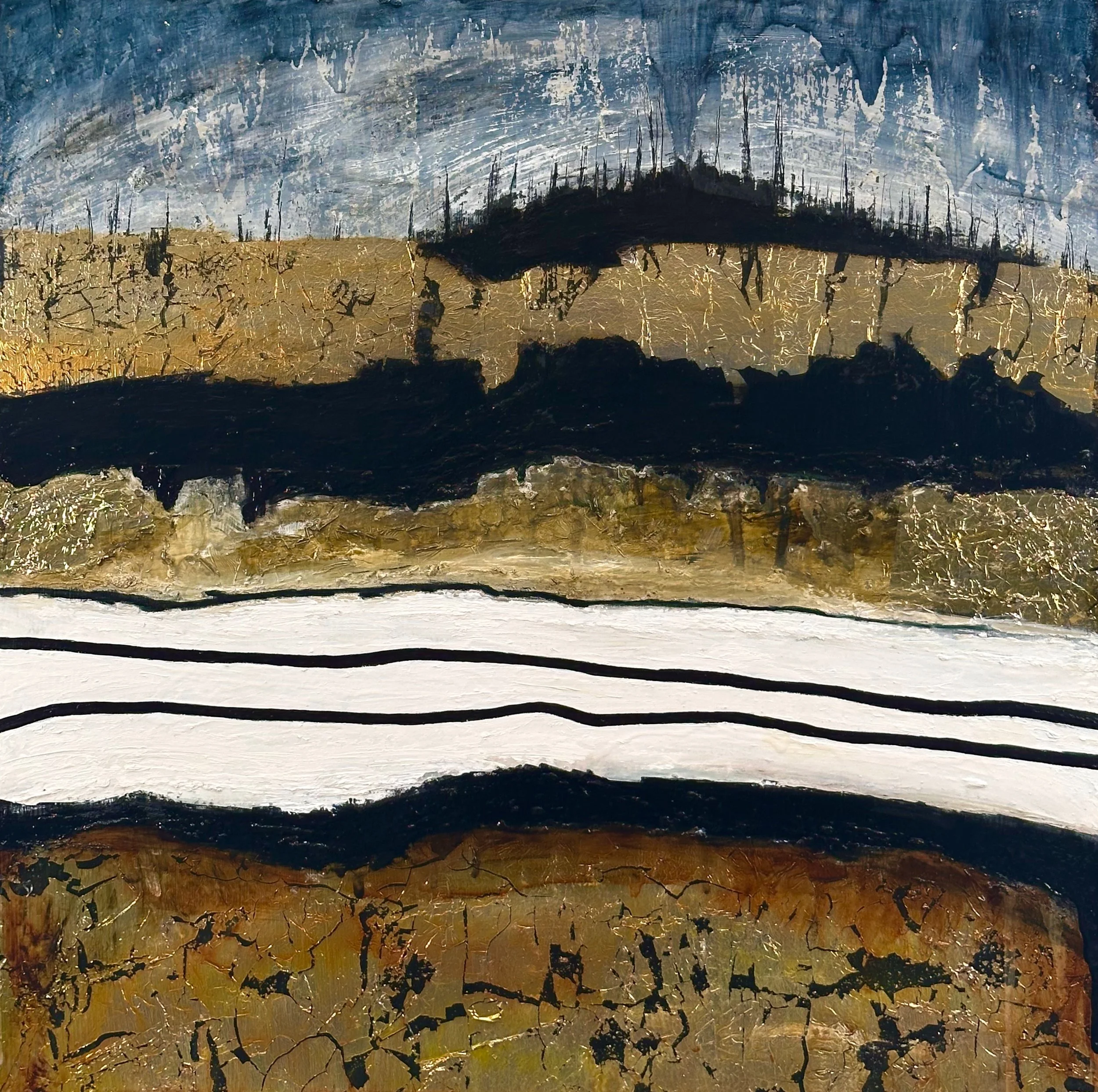 "Sequence #2" Oil, silver metal leaf, oil pastel on wood 18" x 18", 2025 $500