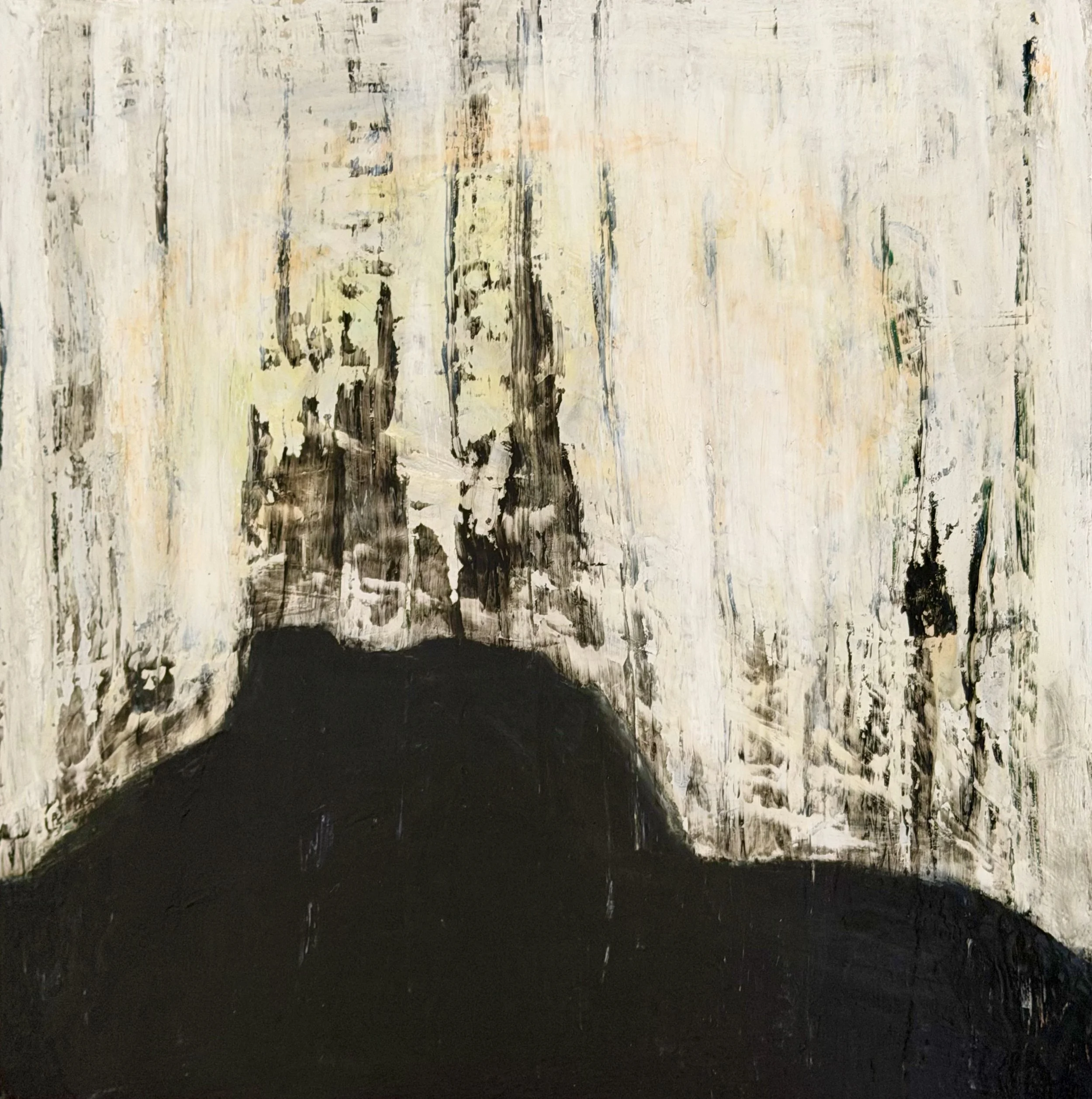 A painting of a dark forest scene with tall trees and a pathway leading into the distance, using a monochromatic color palette with shades of black, white, and gray.