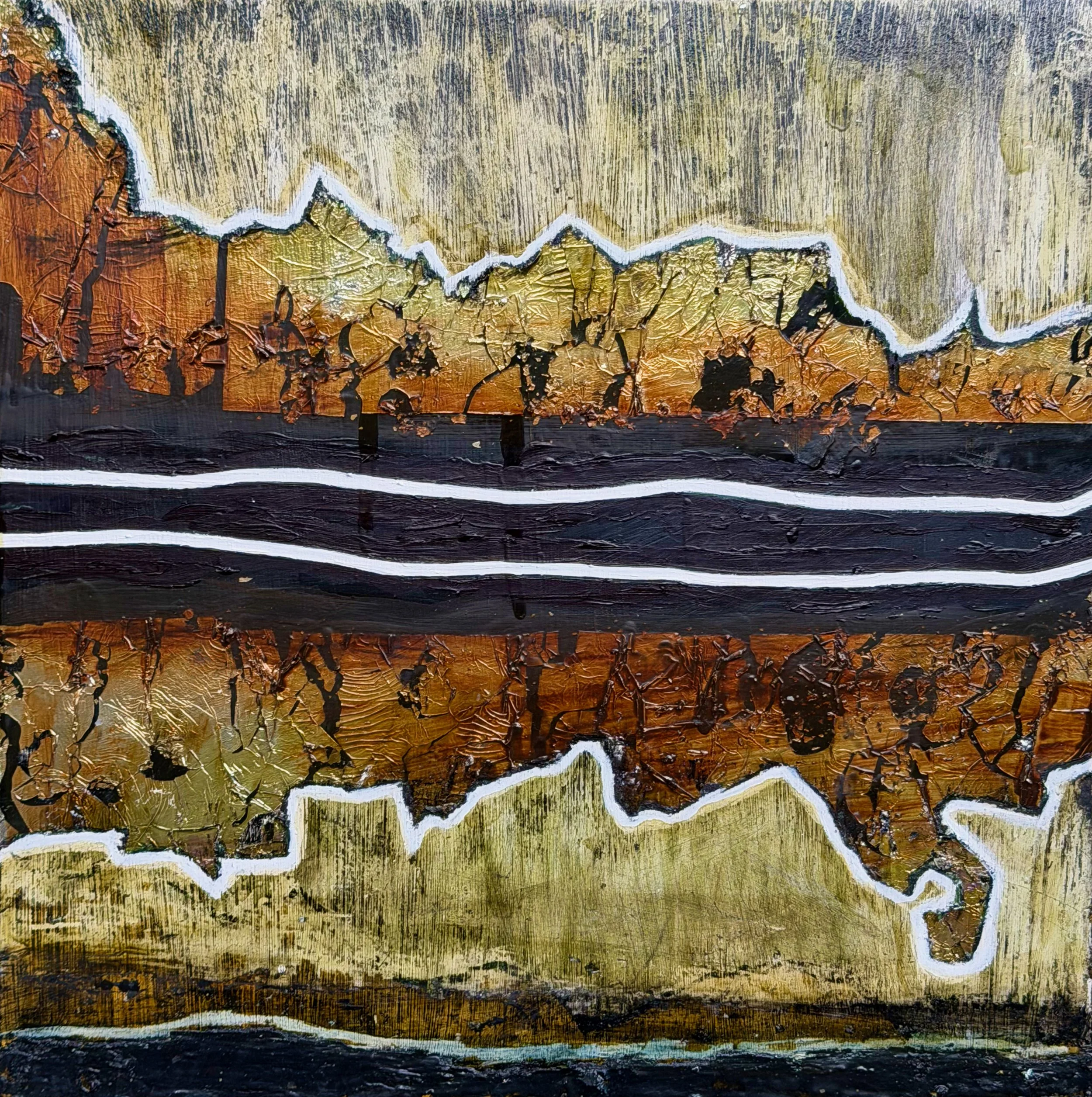 "Spoliolum #1" 
Oil, silver metal leaf, oil pastel on wood 
12" x 12", 2025 
$250