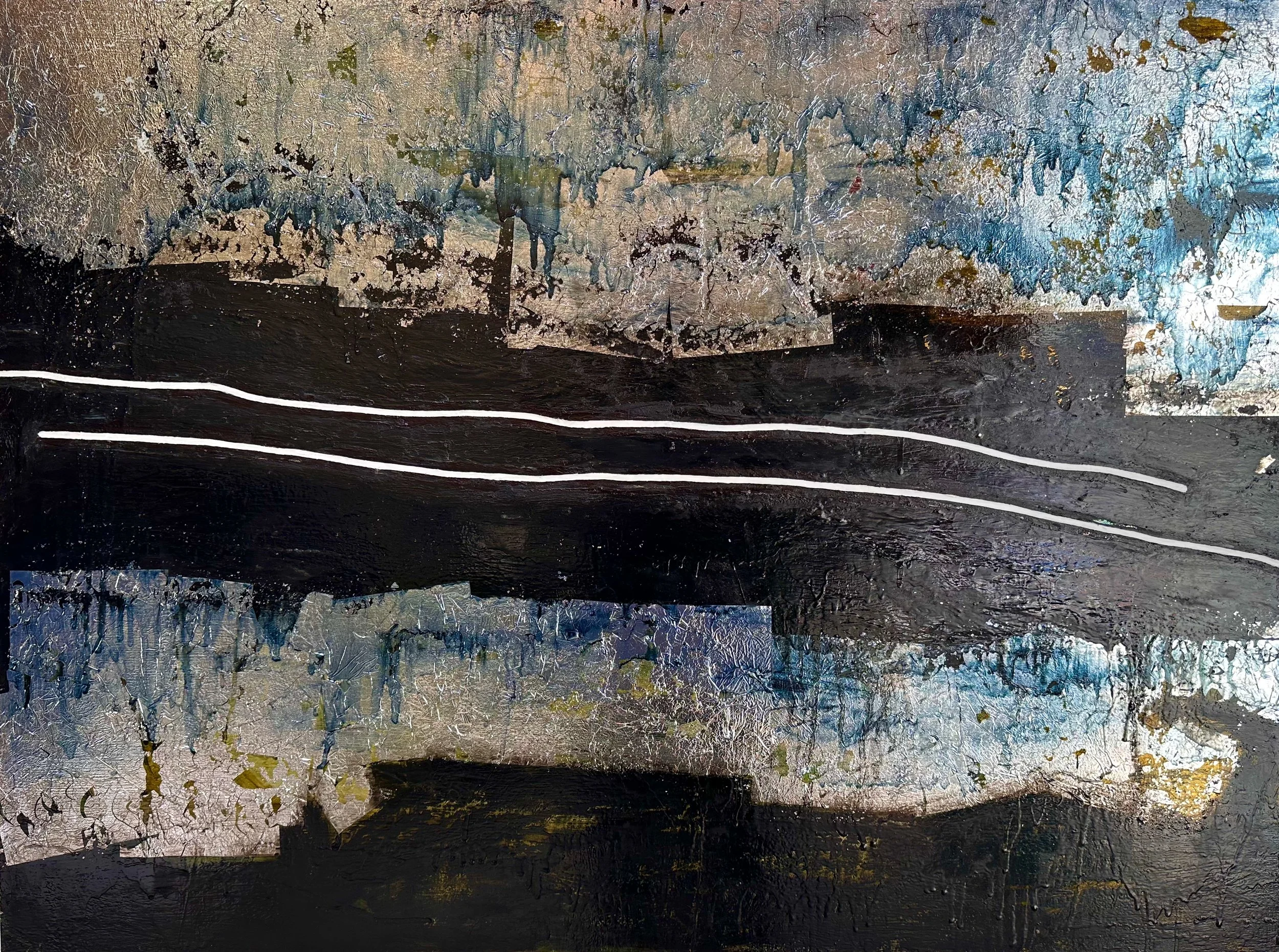 "Incomplete" Oil, silver metal leaf, oil pastel on wood 30" x 40", 2025 $1250