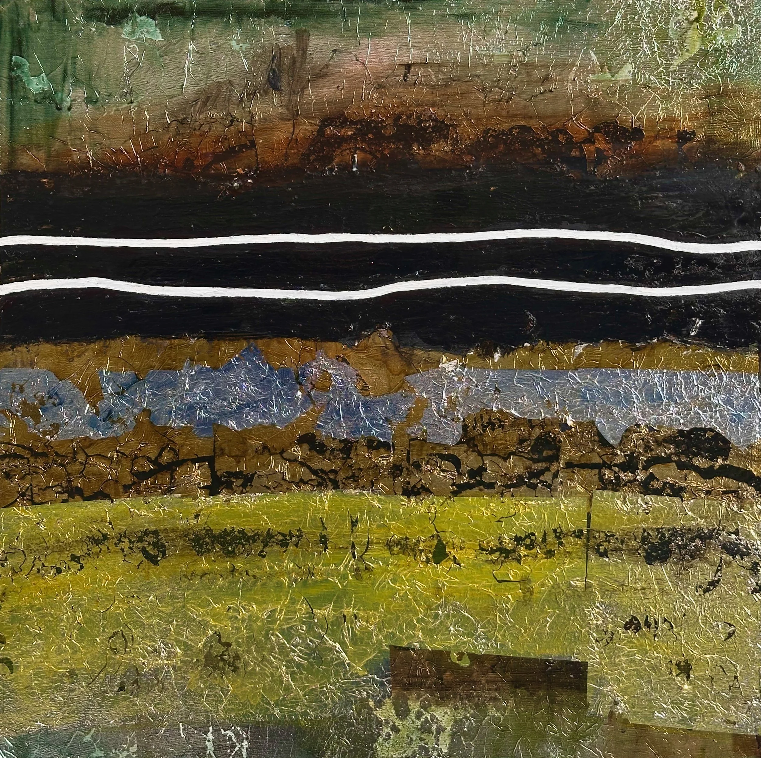 "Separation #7" Oil, silver metal leaf, oil pastel on wood 18" x 18", 2025 $500