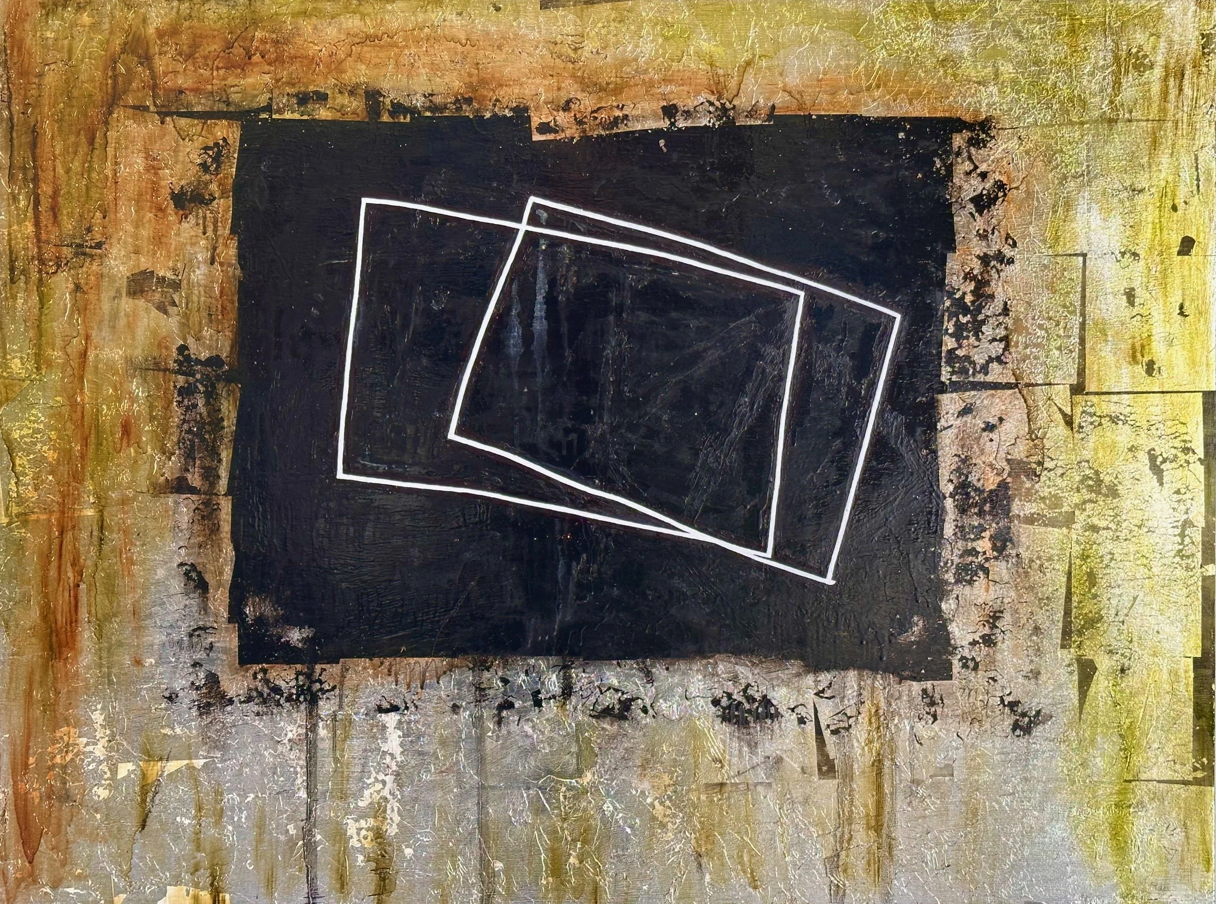 "Embedded" Oil, silver metal leaf, oil pastel on wood 36" x 48", 2025 $1500