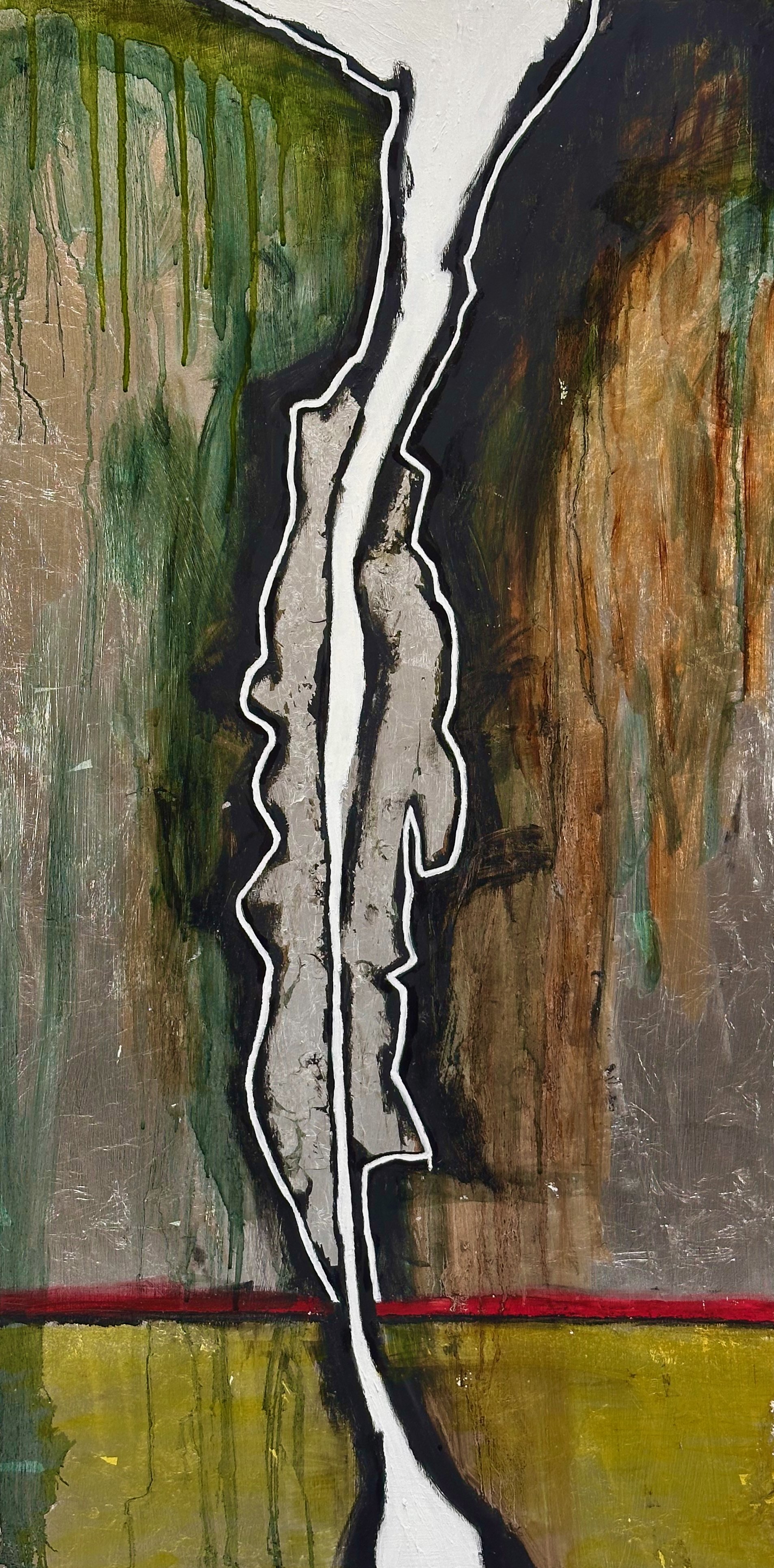 "Boundaries" Oil, silver metal leaf, oil pastel on wood 36" x 18", 2025 $900