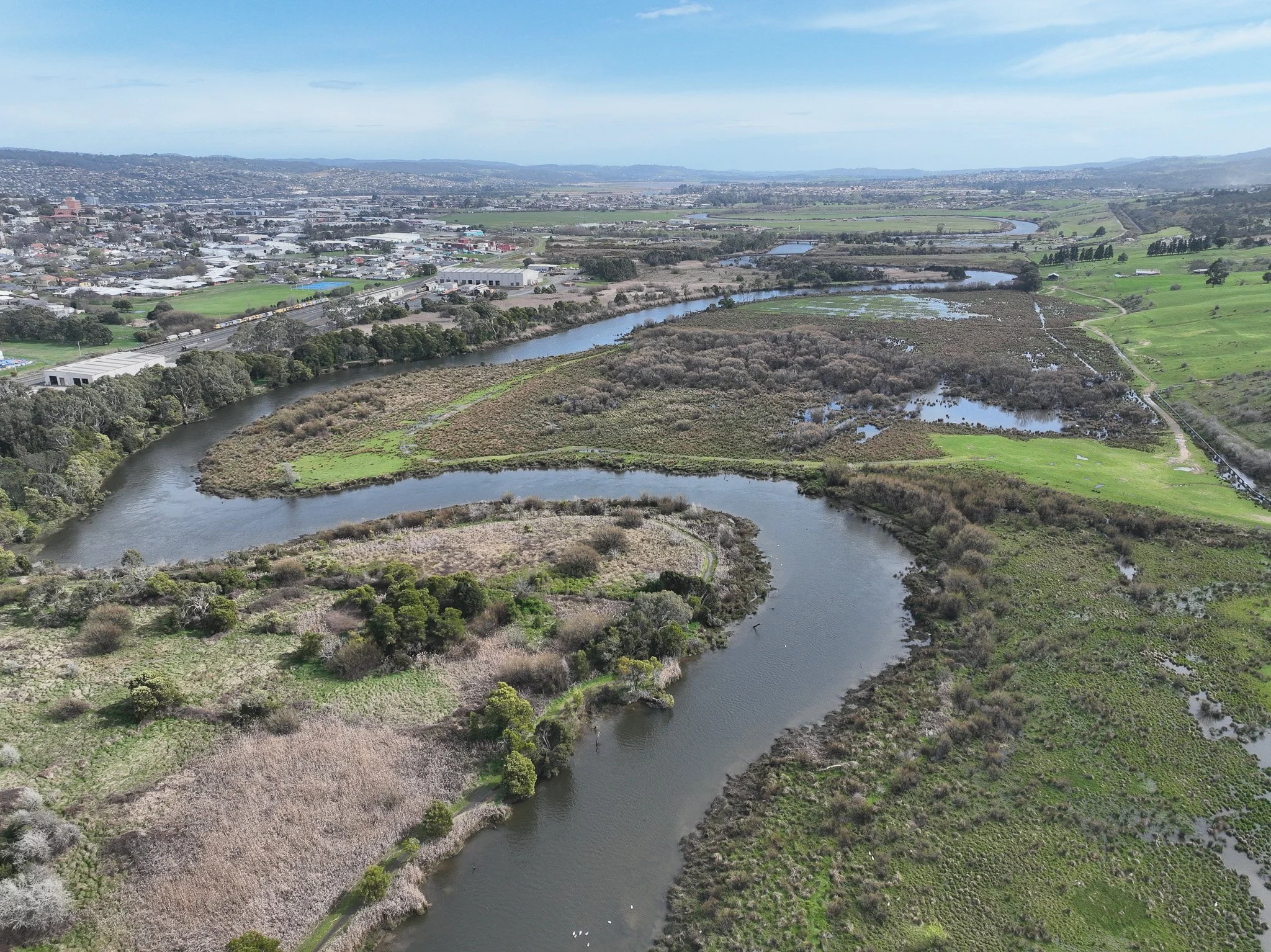 Aerial image of North Esk River wetland near Hobblers Bridge
