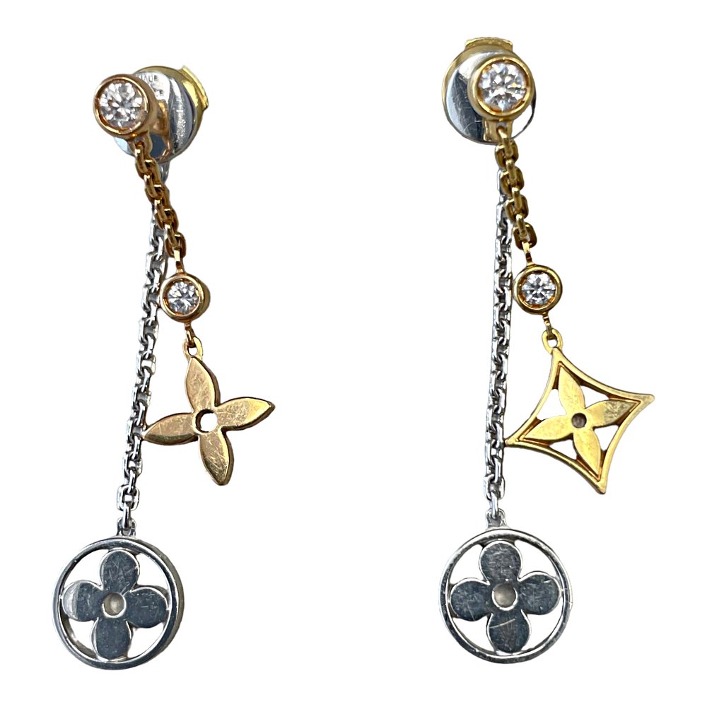 Louis Vuitton Blossom Monogram Long Diamond Gold Earrings