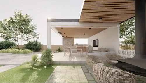 Garden pavilion with timber ceiling and wicker lounges