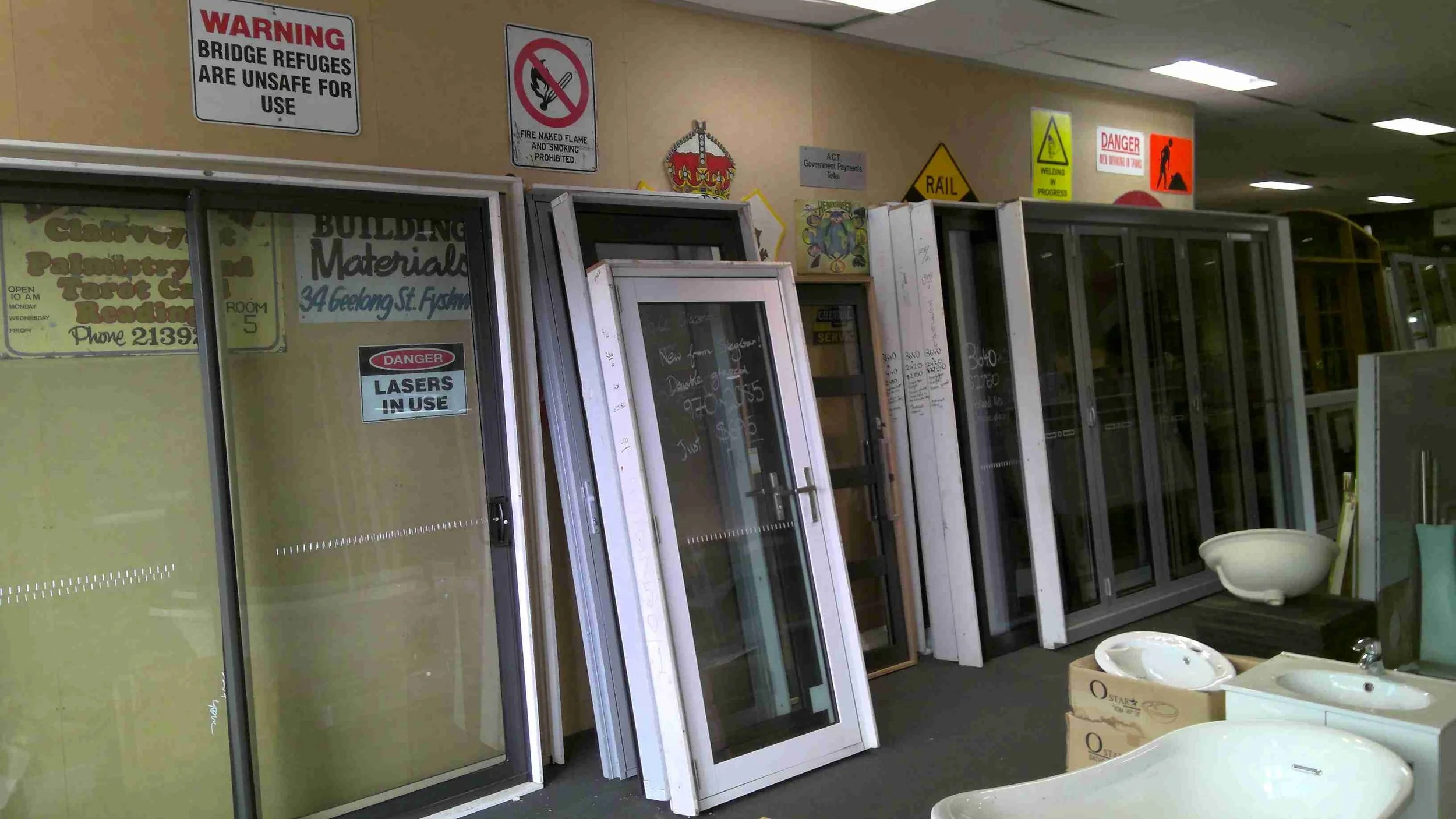 Secondhand glass doors stacked up together