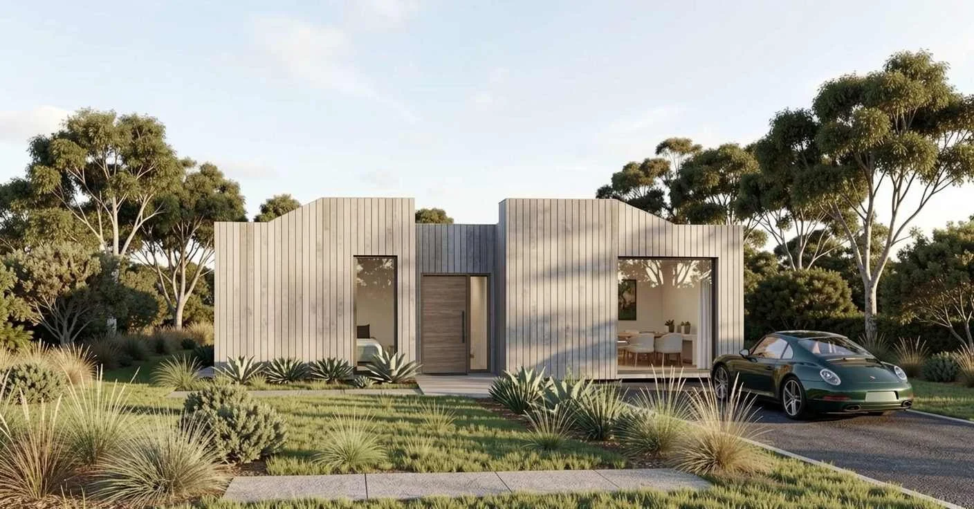 Light timber coastal house with grass garden