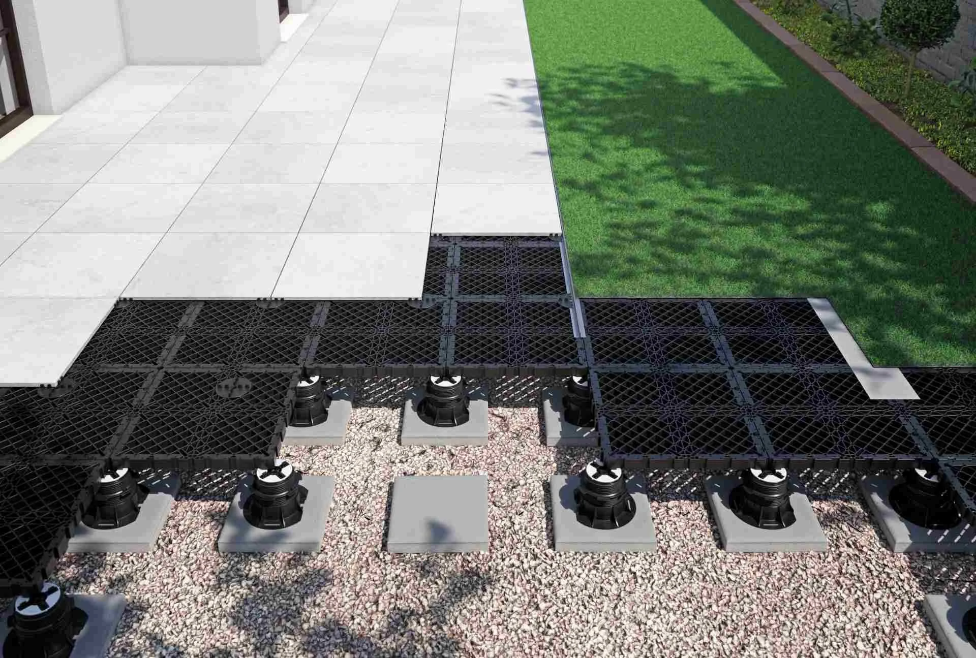 White stone tiles using the KEKSIA system with grass edge