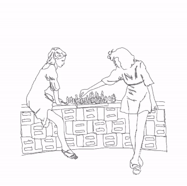 Timelapse GIF of the drawing process showing two women playing chess on a table. One woman is making a move while the other watches intently. The video captures the artist's coloring and shading process from start to finish.