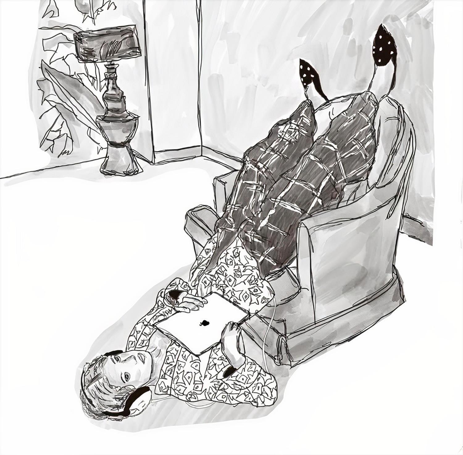 Black and white sketch of a woman lounging in a chair upside down, holding a tablet and wearing headphones, with legs propped up against the wall.
