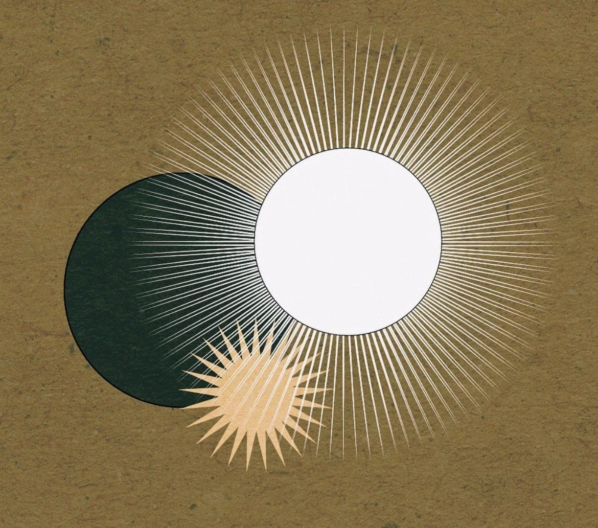 Abstract illustration featuring overlapping circles with radiating lines, resembling a sunburst pattern on a textured background.