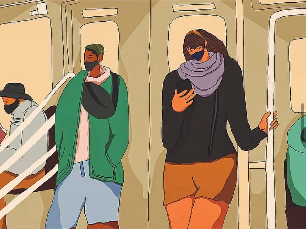 Illustration of subway commuters wearing masks. One man in a green jacket and shorts stands while a woman in a scarf and mask checks her phone.