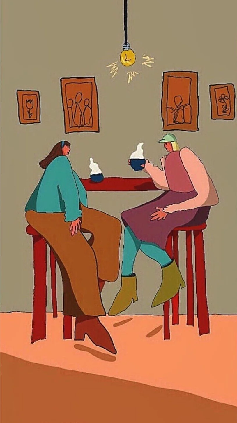 Illustration of two people sitting at a high table in a cafe, enjoying coffee under a hanging light, with framed pictures on the wall behind them.