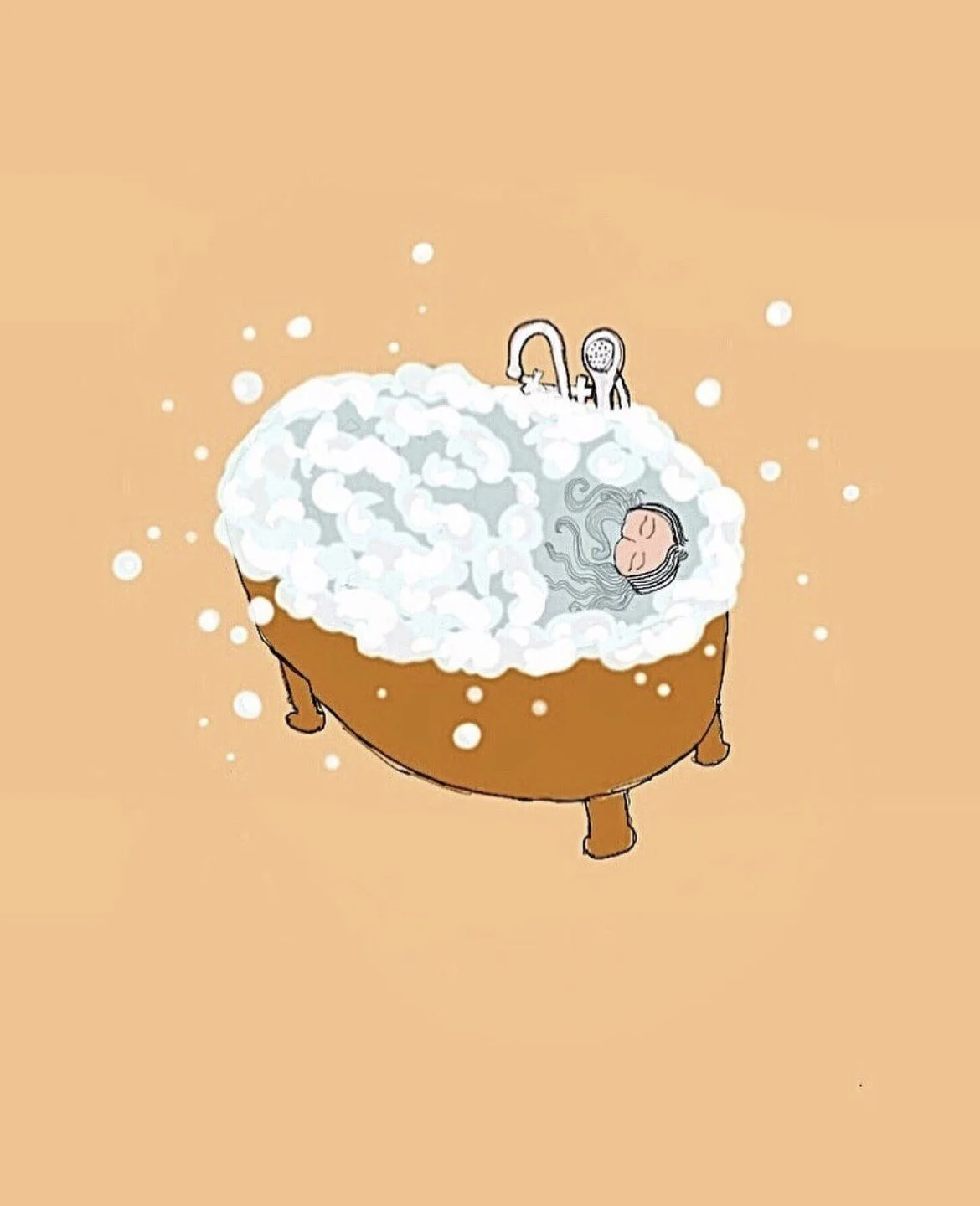 Illustration of a person relaxing in a bubble bath with a content expression, surrounded by bubbles.