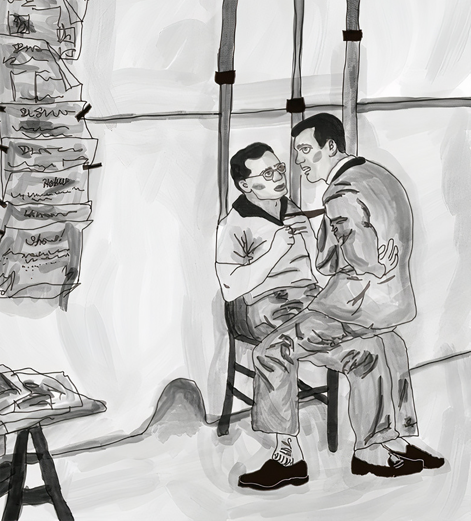 Black and white illustration of two men having an intimate conversation. One man sits on the other's lap facing the wall, while the other man pulls his tie and gazes at him longingly. Notes are pinned to the wall beside them.