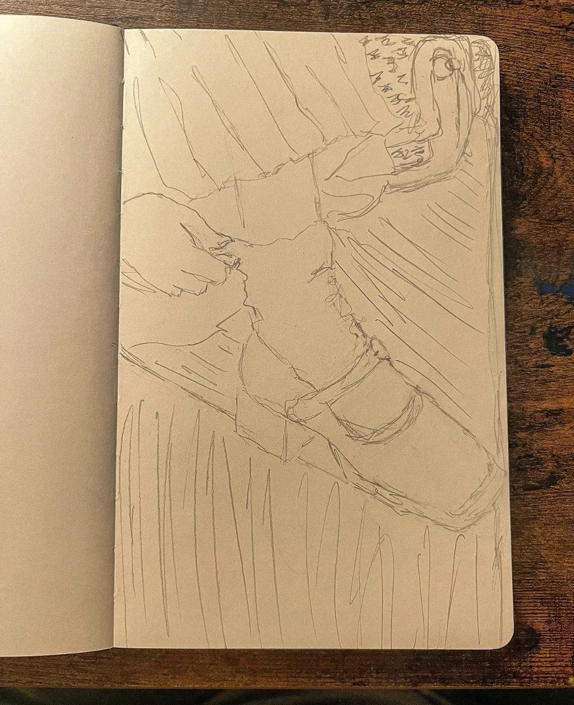 Pencil sketch of a woman adjusting her sock, with one foot on a step or bench. The sketch features 1950s style clothing, including bobby socks, saddle shoes, and a skirt.