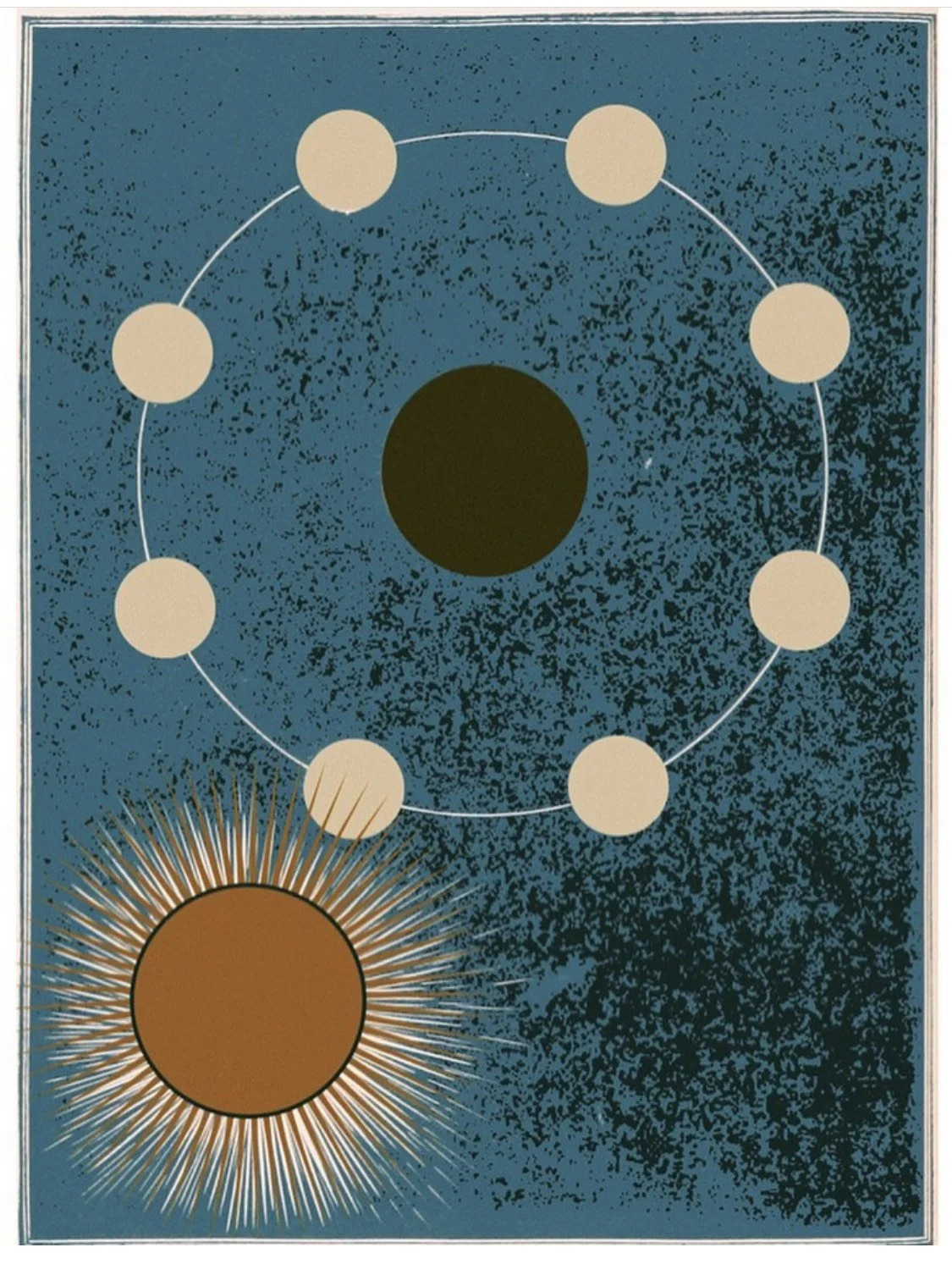 Abstract illustration depicting the phases of the moon in a circular arrangement, with a central sunburst element on a textured blue background.